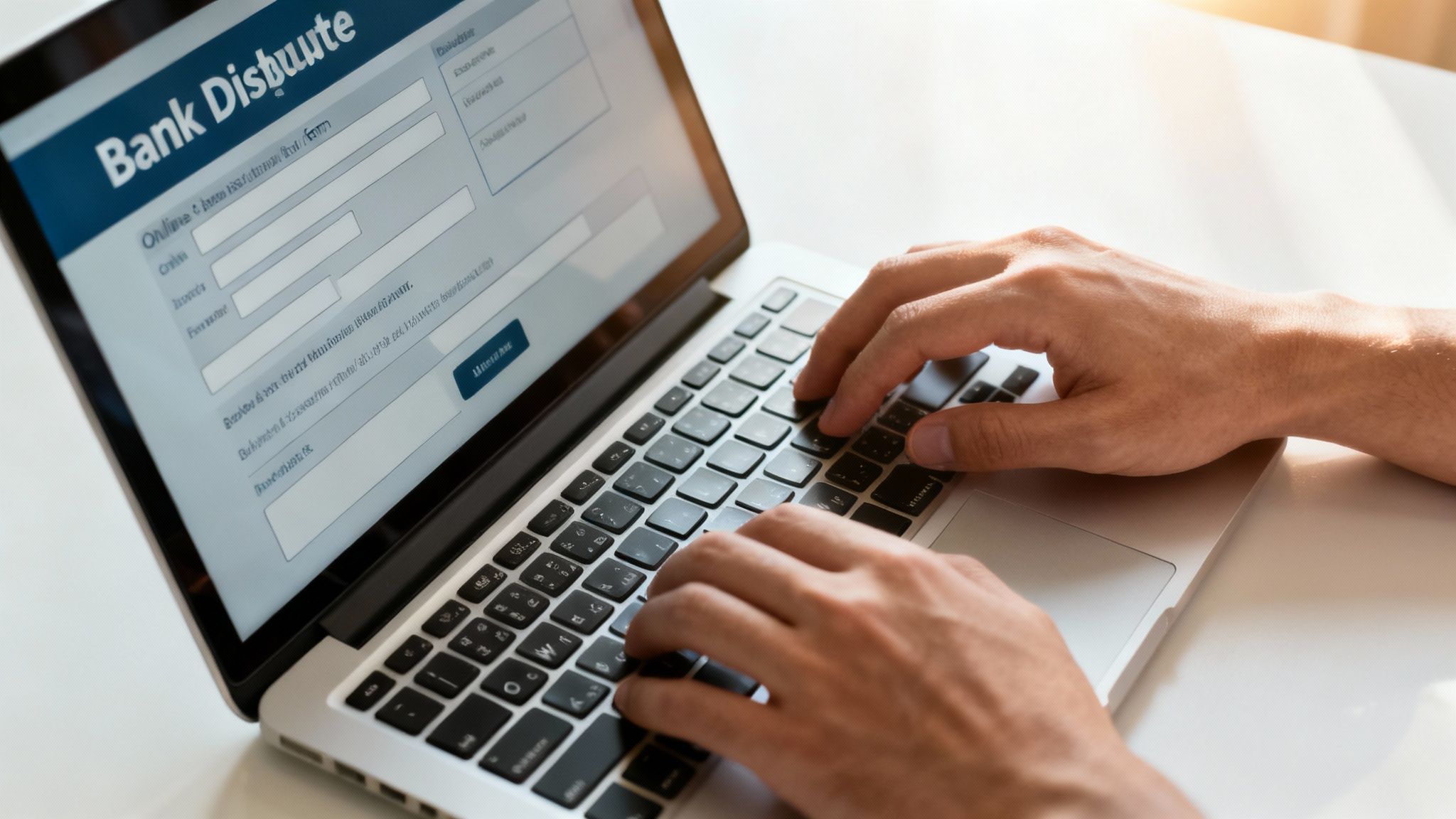 A person using their laptop to file a chargeback on their bank's website.