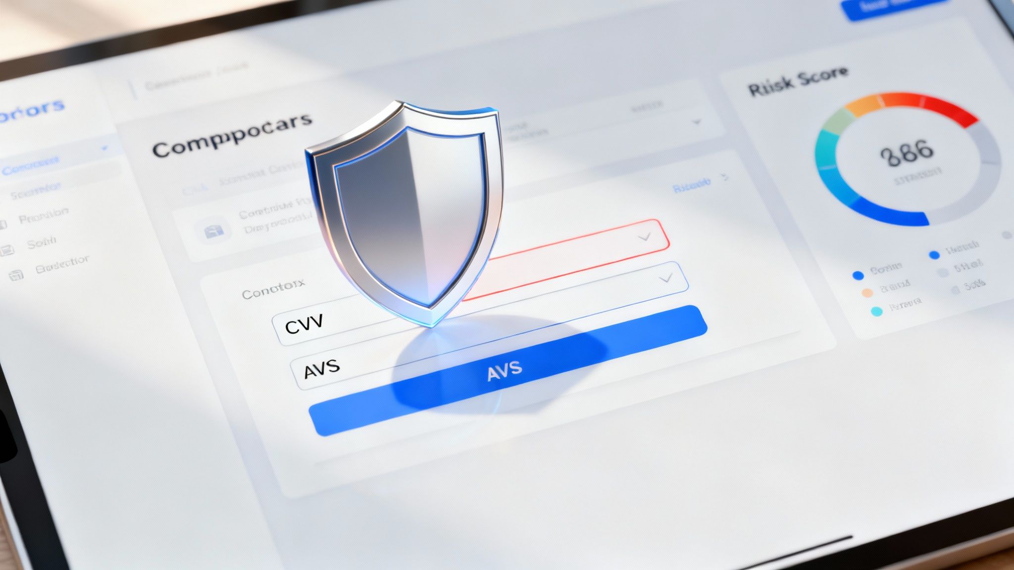 A digital shield icon hovering over a secure payment terminal, symbolizing foundational ecommerce security.