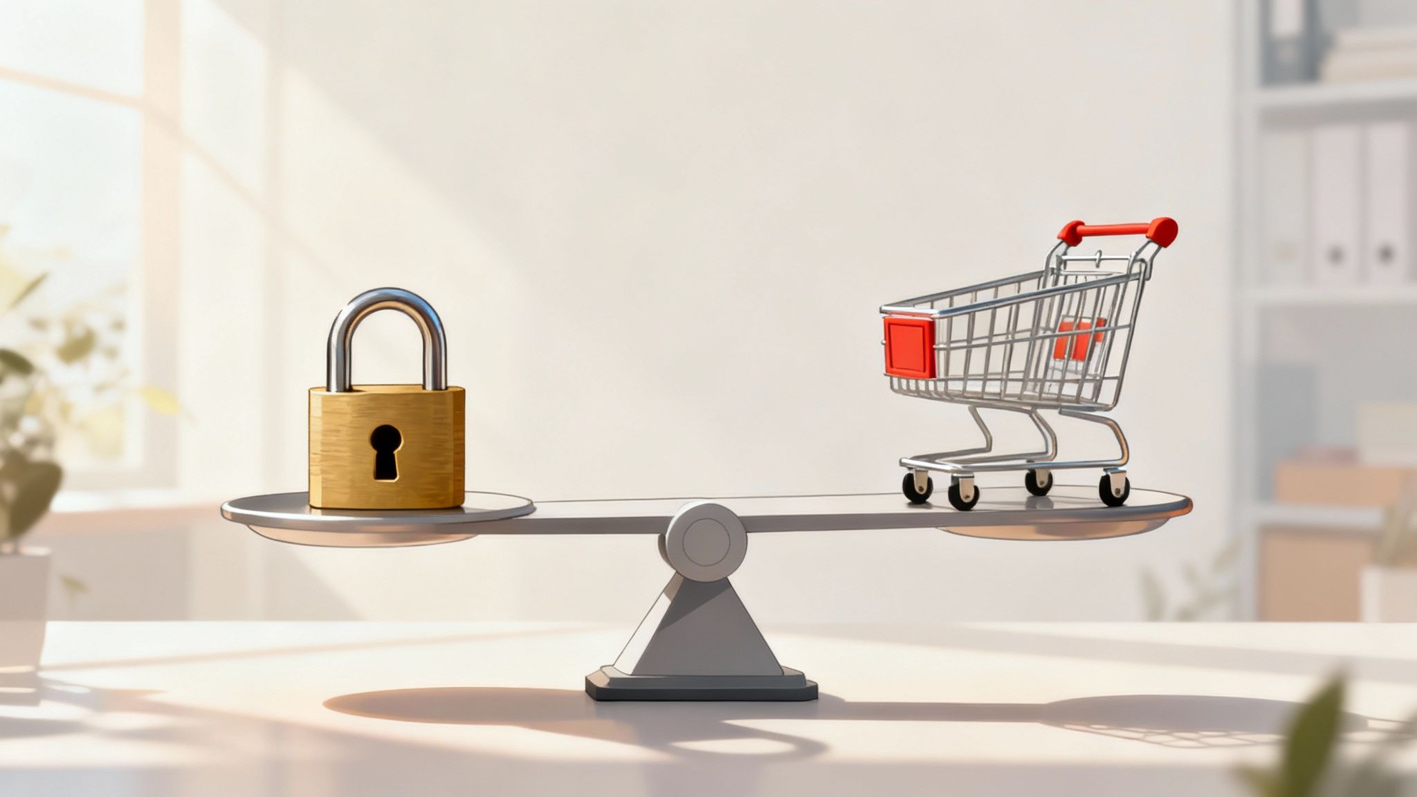 A balancing scale with a security shield on one side and a happy customer icon on the other, illustrating the balance between security and user experience.