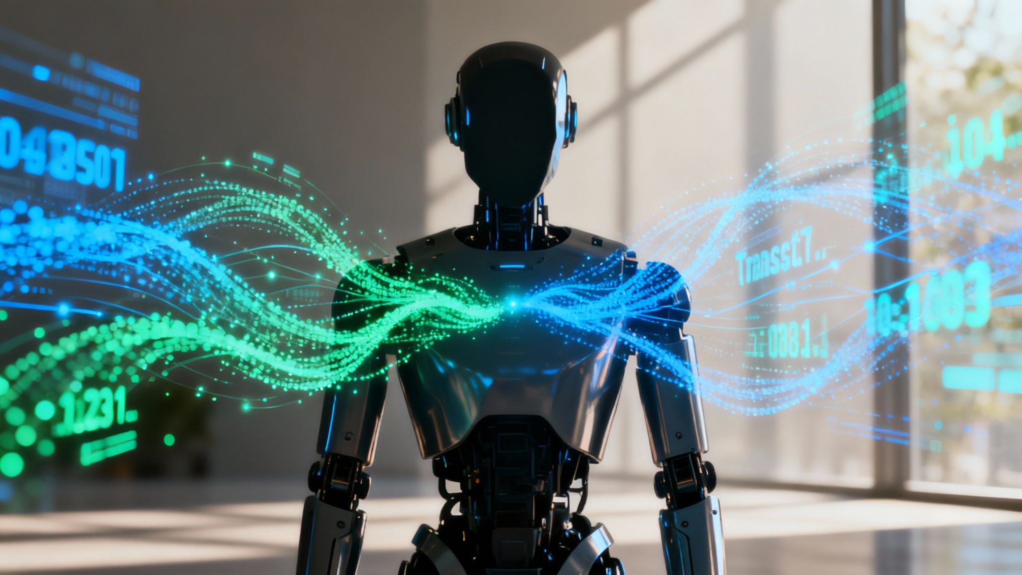 An abstract image representing AI and automation with connected data points and futuristic elements.