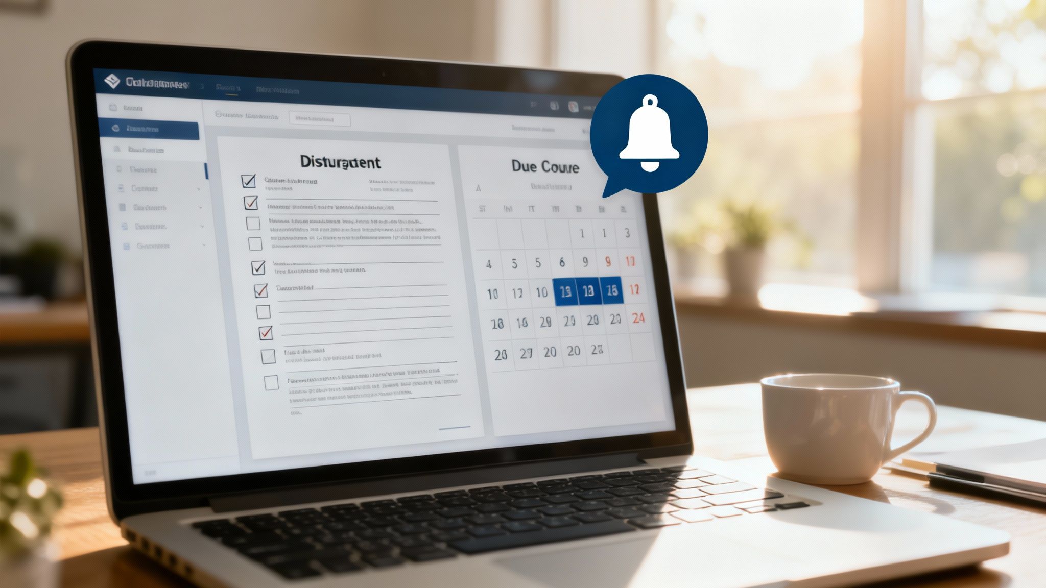 A person at a desk, looking organized with a checklist and calendar, managing tasks on a laptop.
