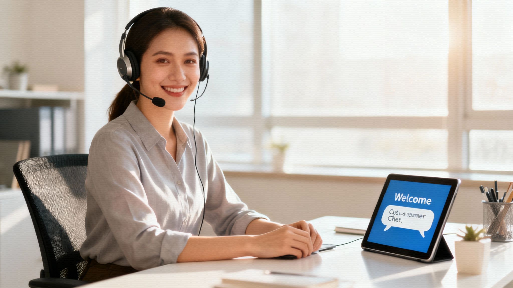 A friendly customer support agent with a headset on, smiling and assisting a customer, symbolizing great support.