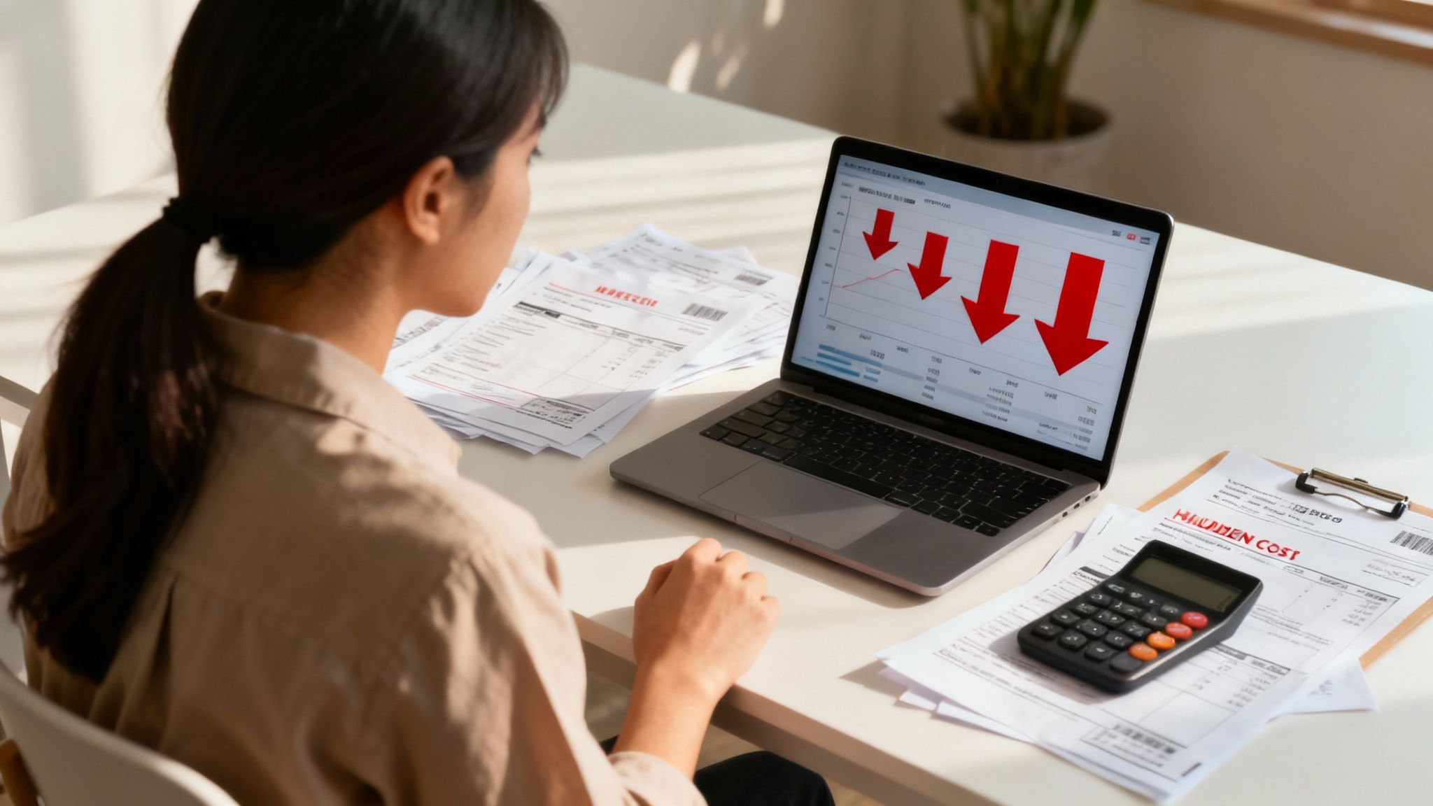 A person looking stressed while reviewing financial documents on a laptop, representing the true cost of a chargeback.