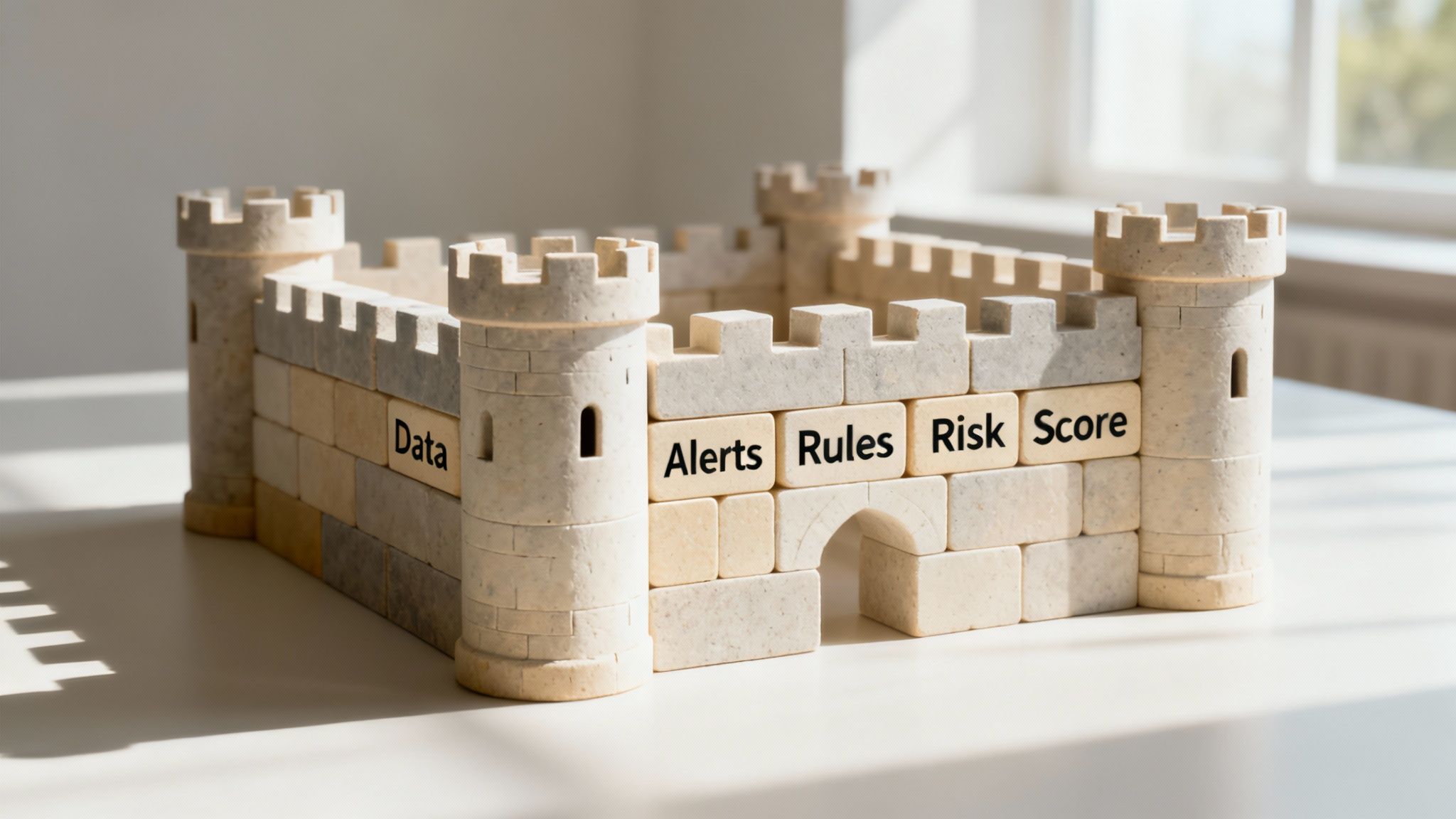 Building blocks spelling out the word 'SECURITY' on a wooden surface, symbolizing the components of a monitoring system.