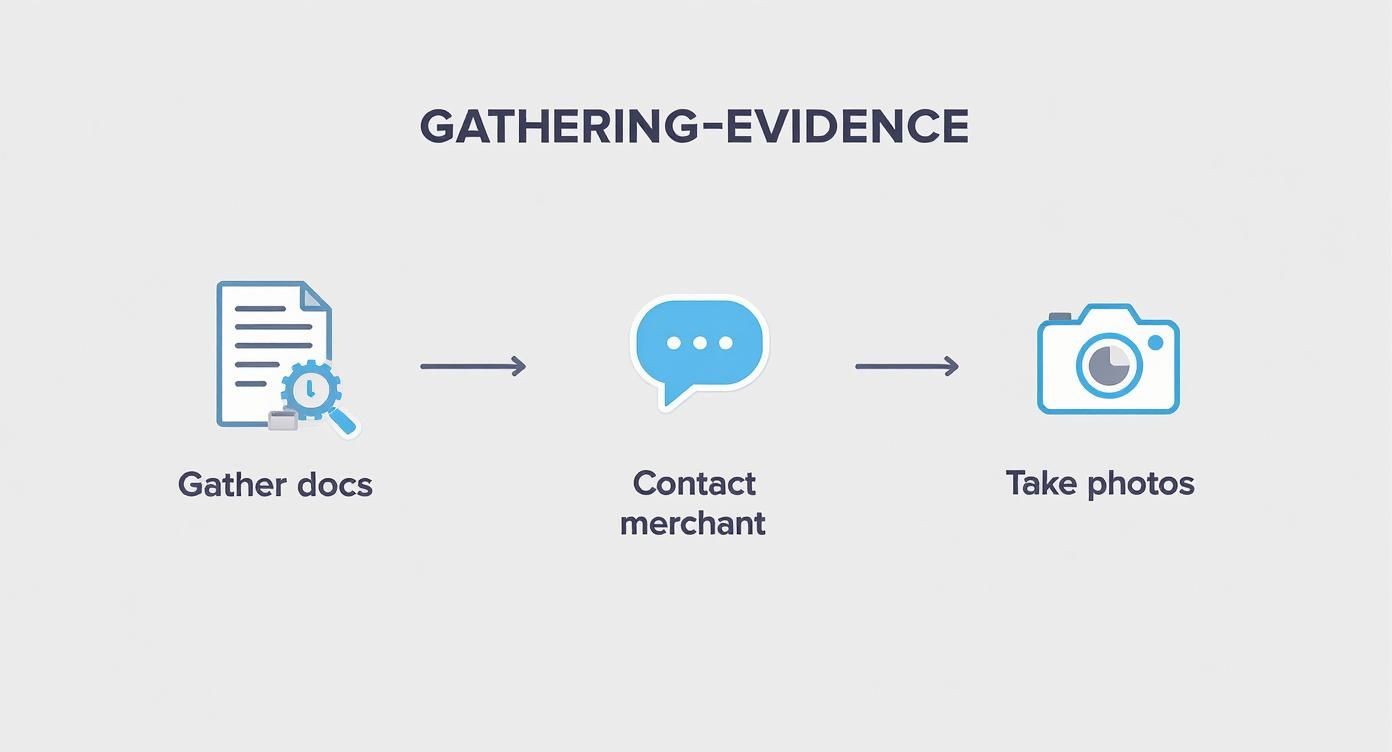 Infographic showing the process of gathering evidence before a dispute, including gathering documents, contacting the merchant, and taking photos.