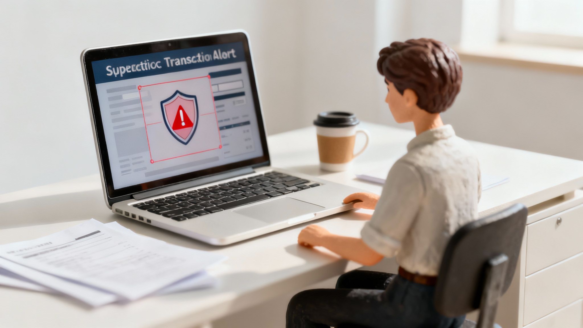 A person at a desk analyzing charts and data related to fraud investigations on a computer screen.