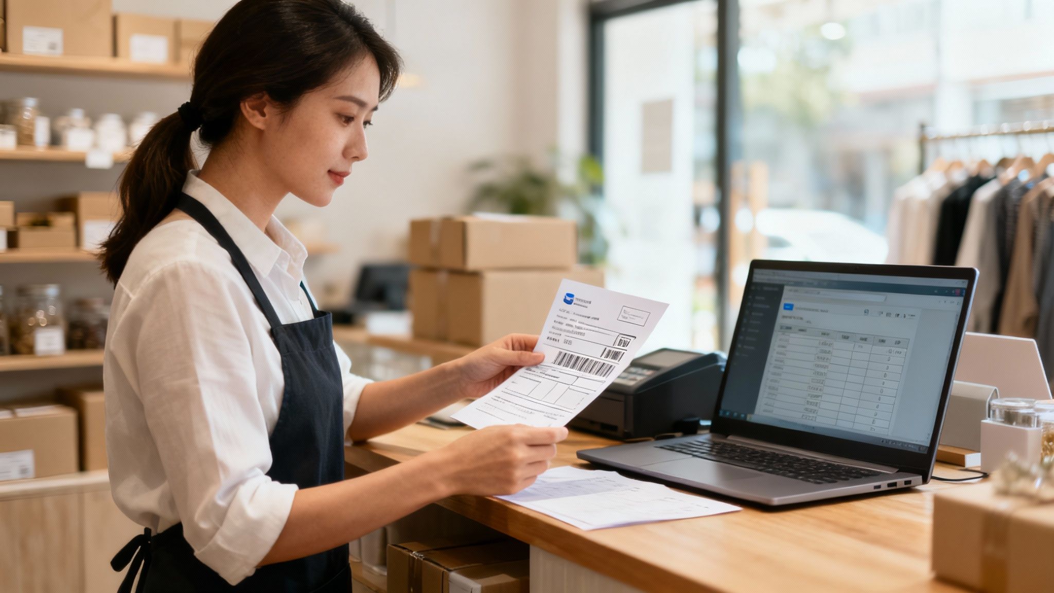 A merchant organizing documents and receipts on a desk to respond to a chargeback notice.