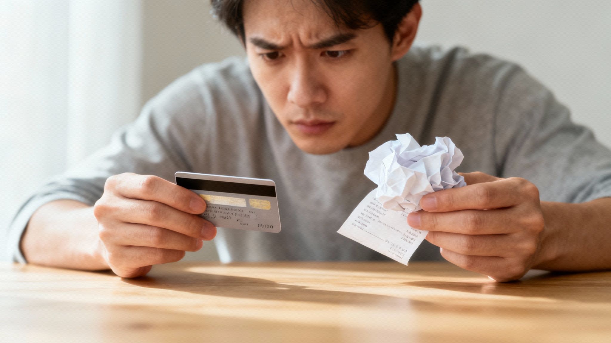 A person examining a credit card statement with a magnifying glass, highlighting a transaction.