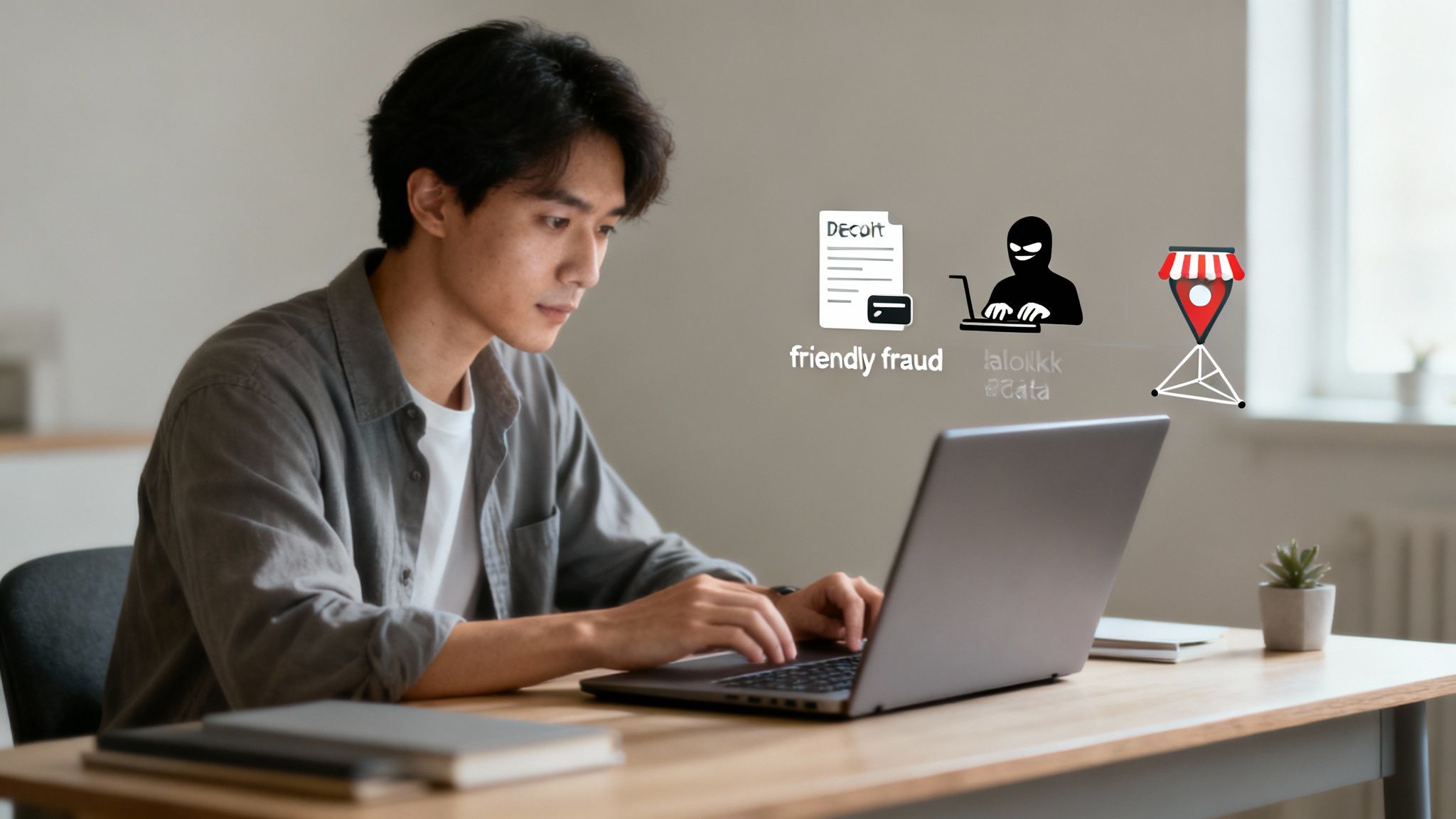 A magnifying glass hovering over a credit card and laptop, symbolizing fraud detection.