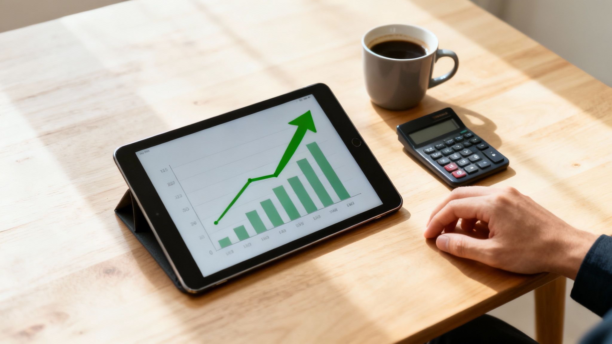 Businessperson analyzing charts showing growth and savings