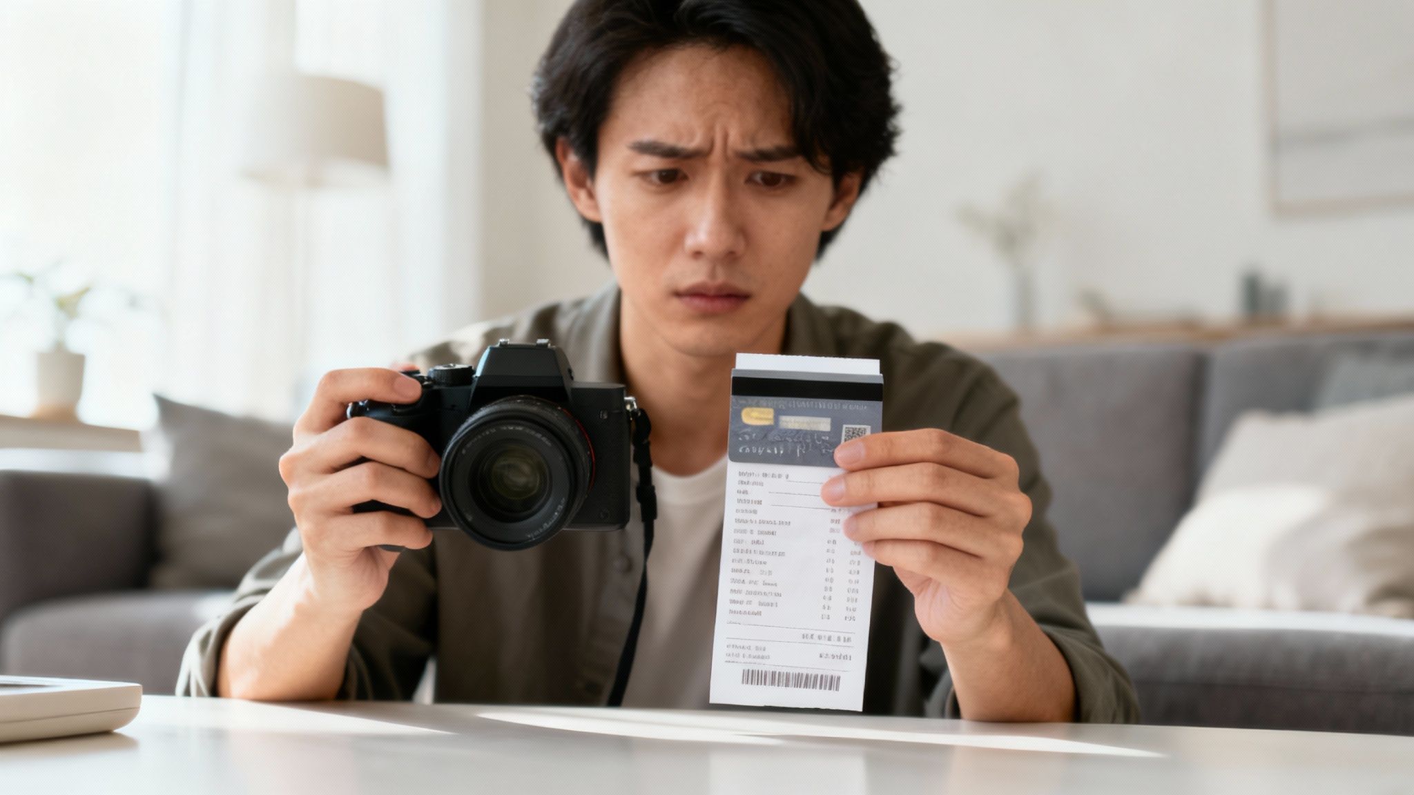 A person holding a credit card while looking at a laptop, representing an online transaction.