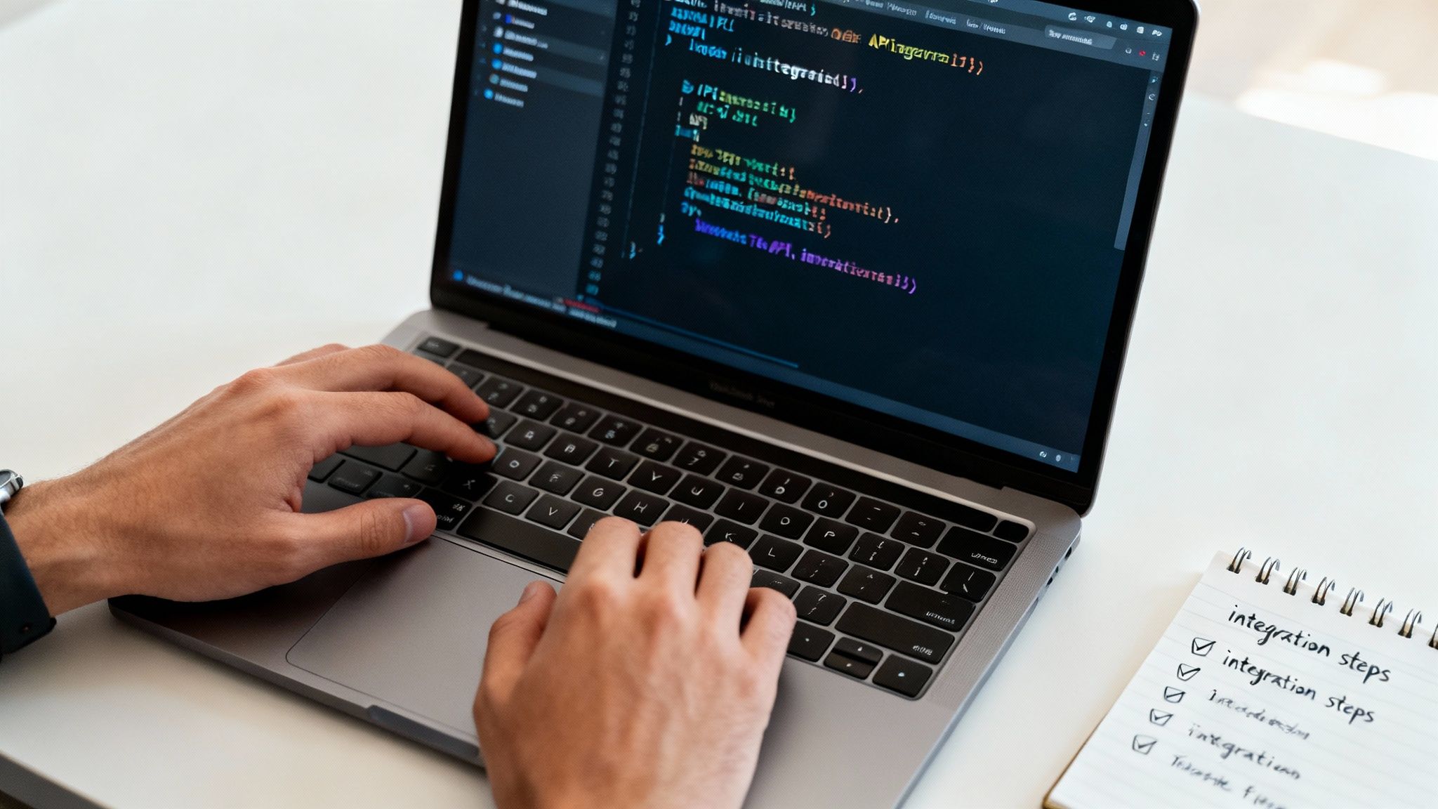 A developer works on a laptop displaying code and network diagrams, symbolizing the integration process of a new payment platform.