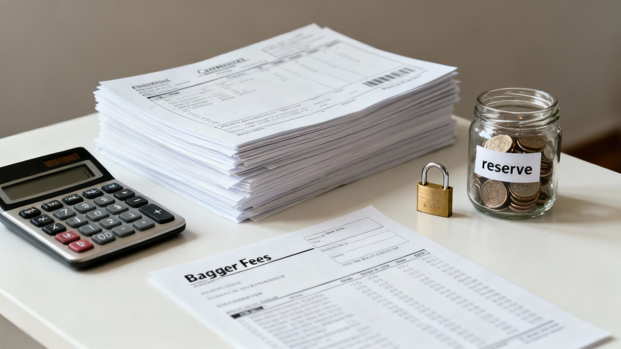 A pile of coins next to a calculator and pen, representing financial costs