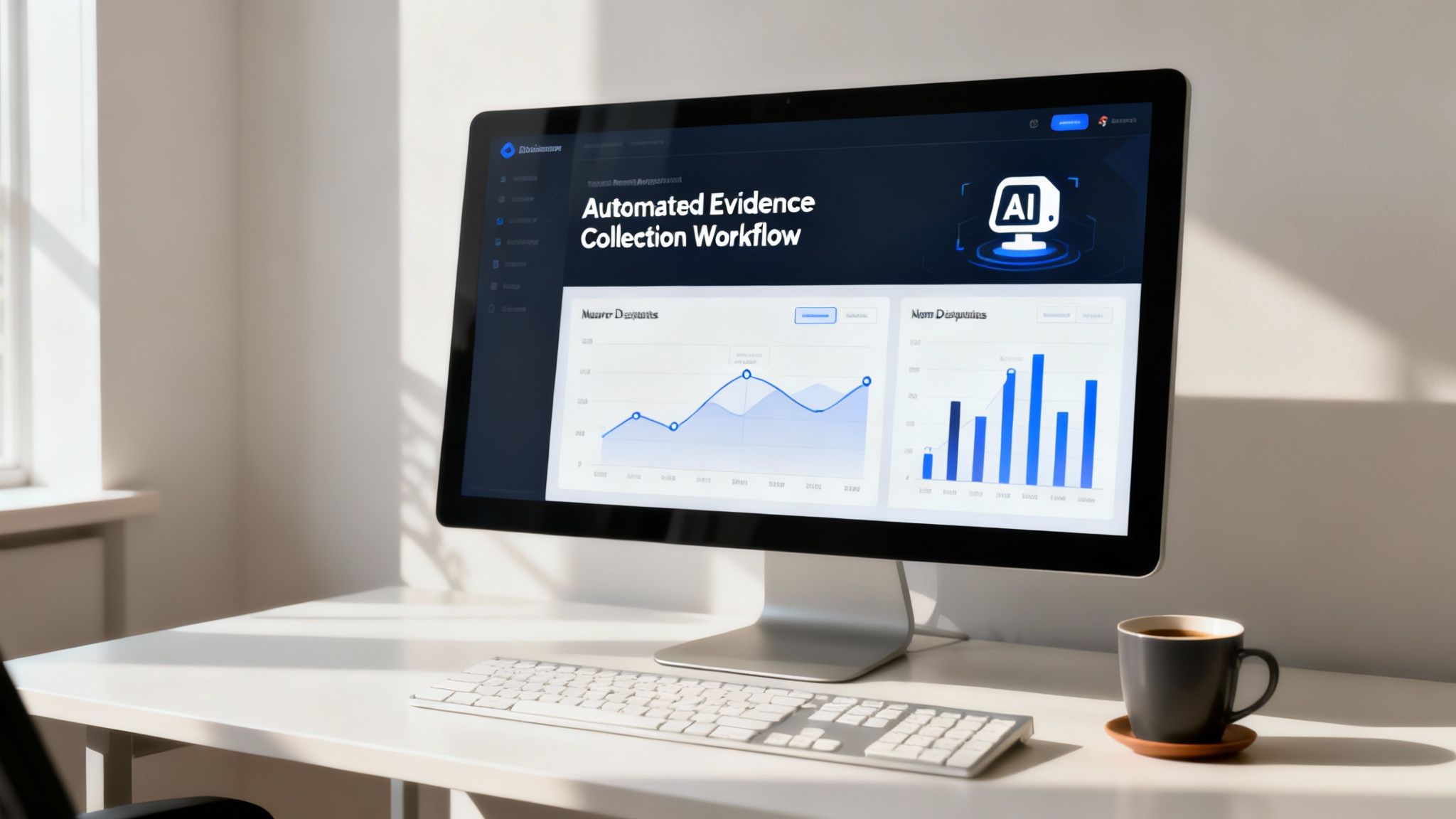 An illustration of a robot arm managing charts and graphs, representing automation in dispute management