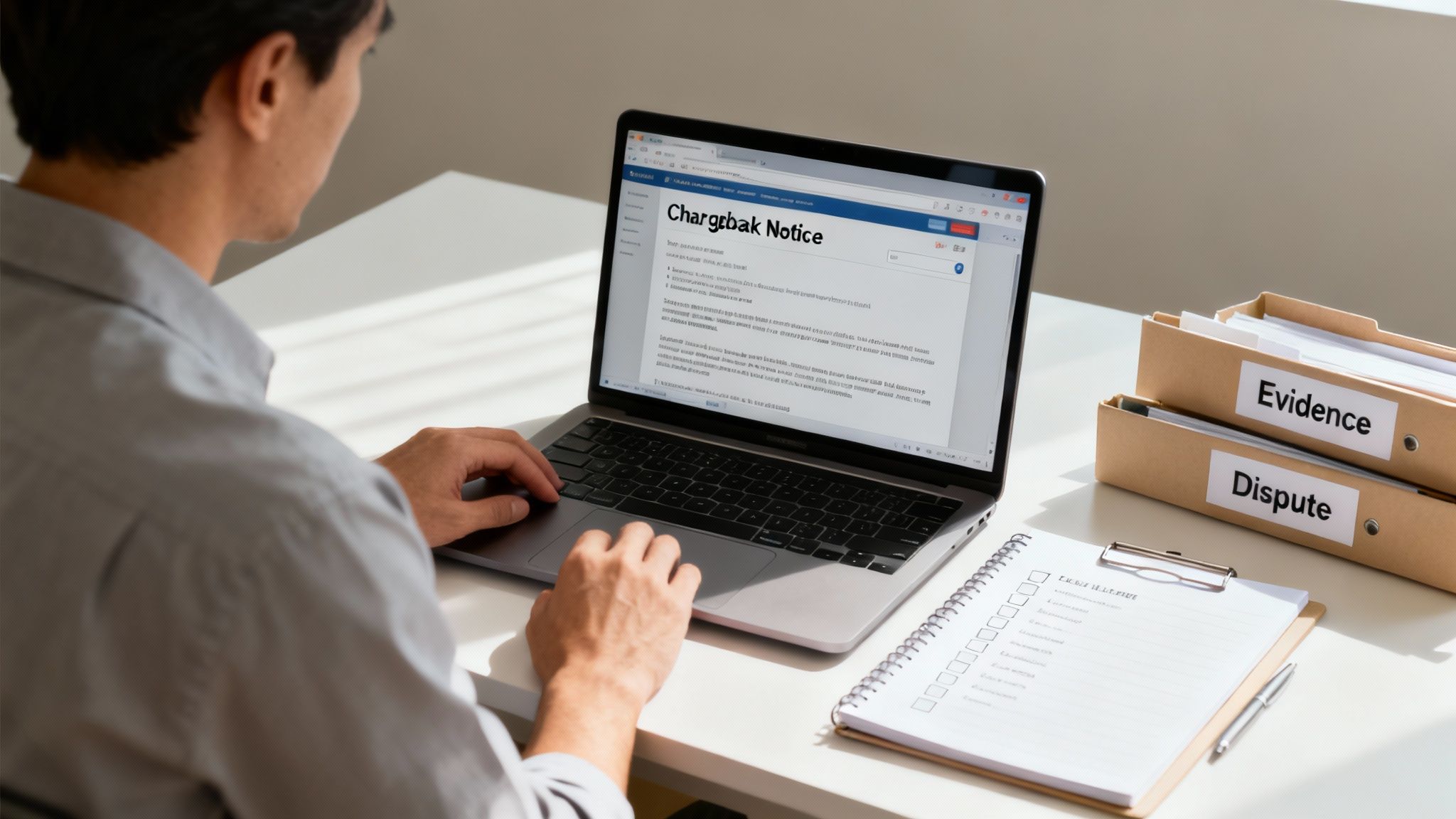 A person calmly reviewing documents at a desk, looking organized in control.