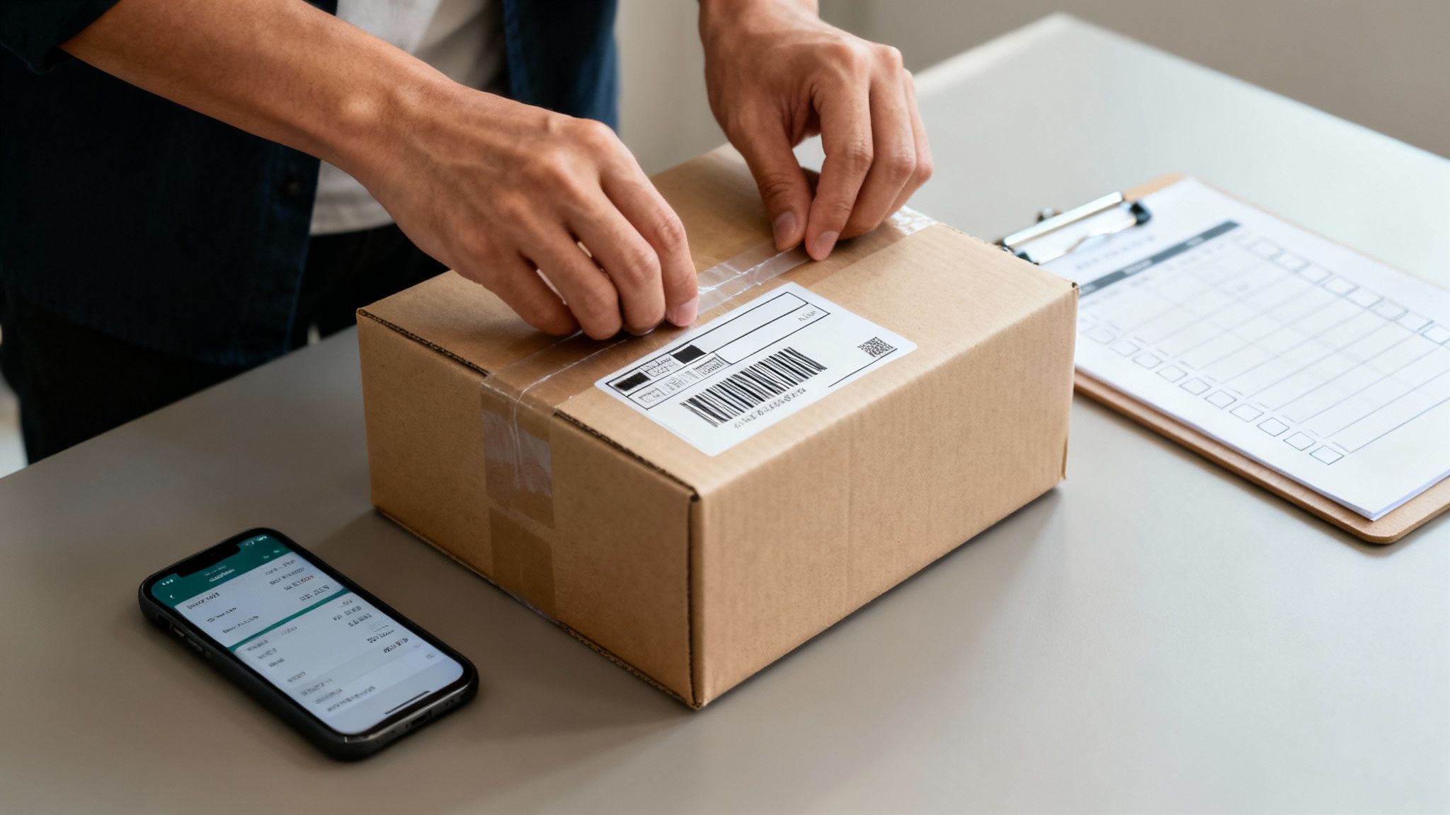 A person holding a tablet showing a secure transaction shield, illustrating PayPal's seller protection against scams.