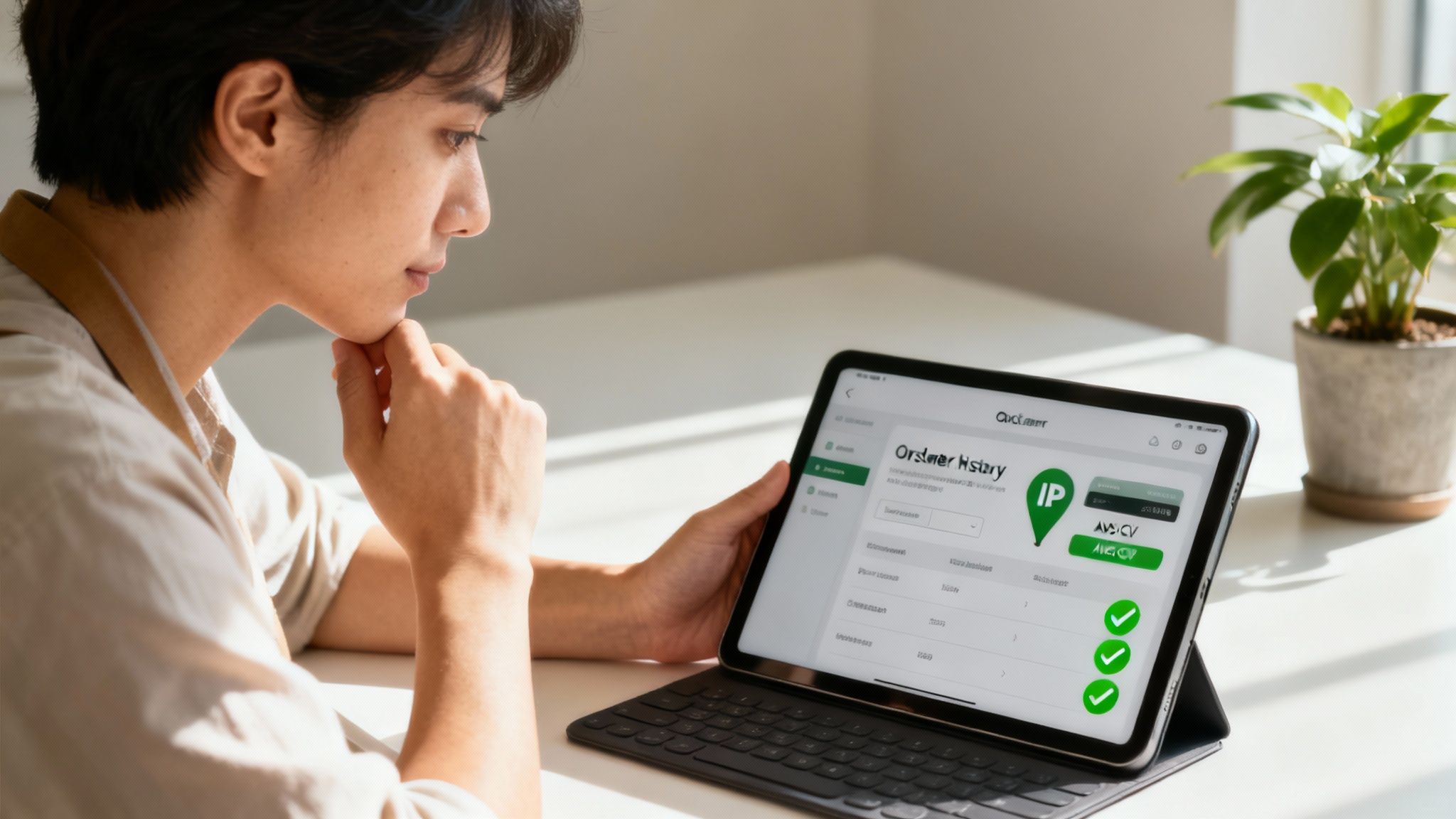 A person looking at a credit card statement with a magnifying glass, trying to identify a transaction.