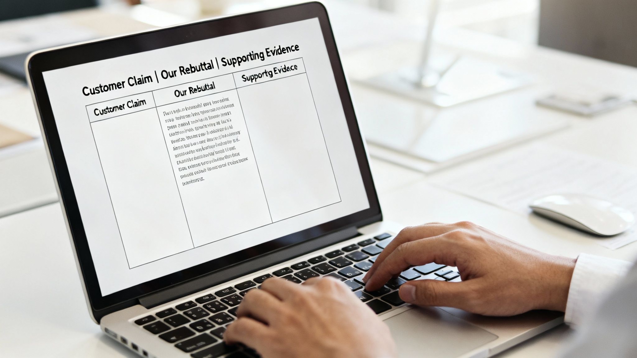 Business owner crafting a point-by-point rebuttal argument for a chargeback.