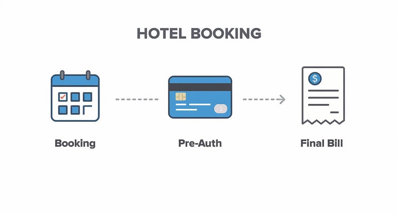 Infographic showing the three steps of a pre-authorization for a hotel booking from reservation to the final bill.