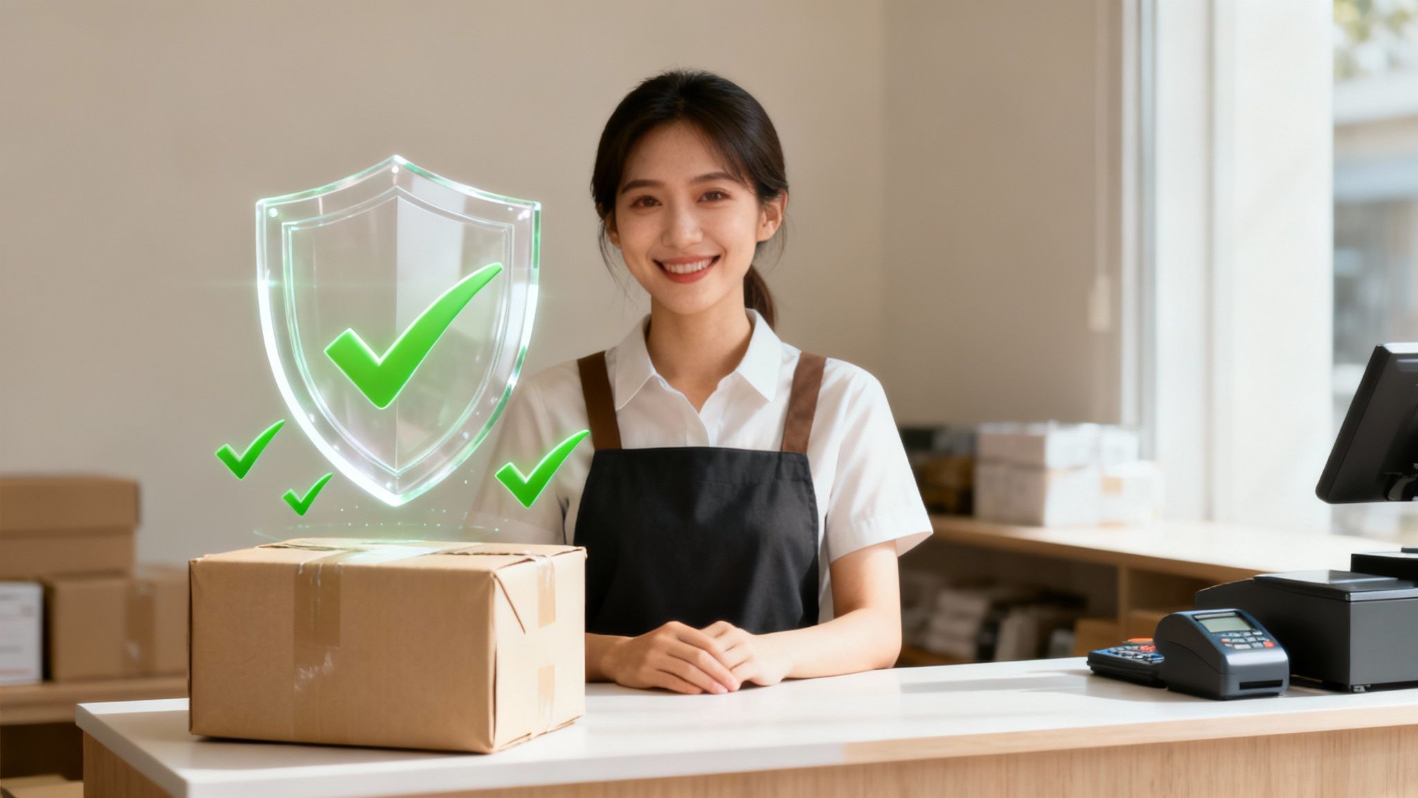 A smiling business owner using a tablet to manage online orders, feeling secure.