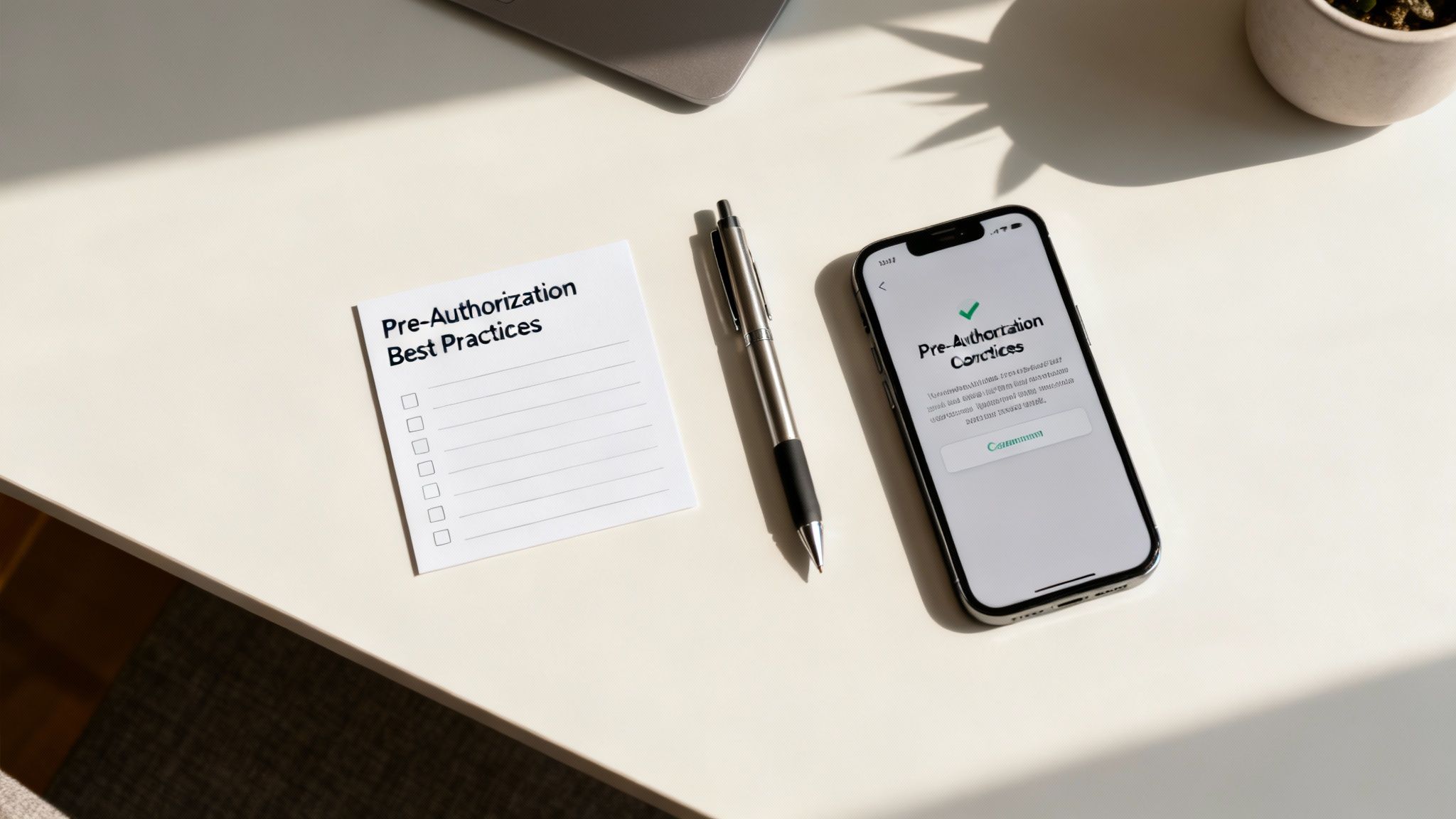 A person working on a laptop at a desk with a credit card and payment terminal nearby, representing a smooth workflow.