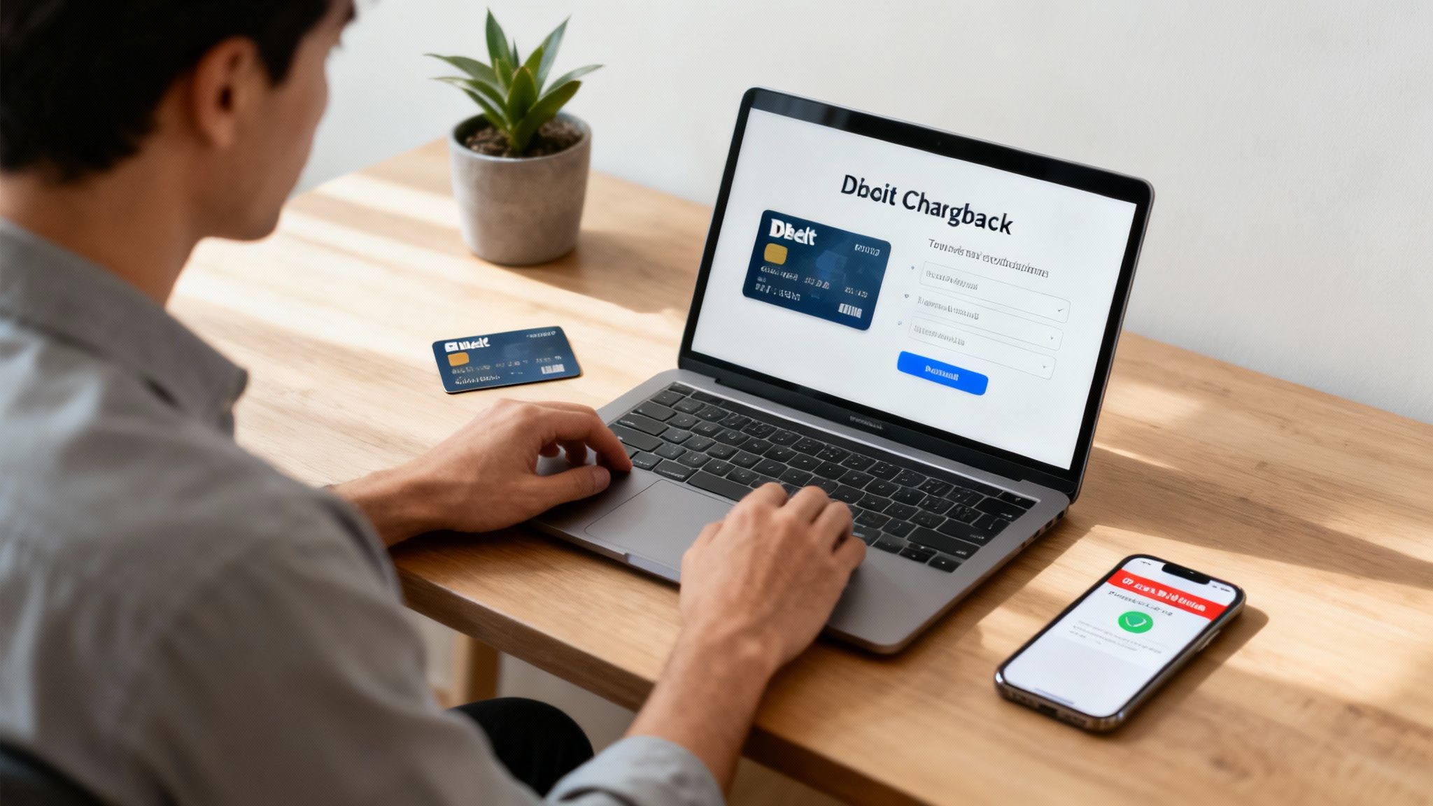 A person looking concerned while reviewing financial documents and using a laptop, representing the stress of handling chargebacks.
