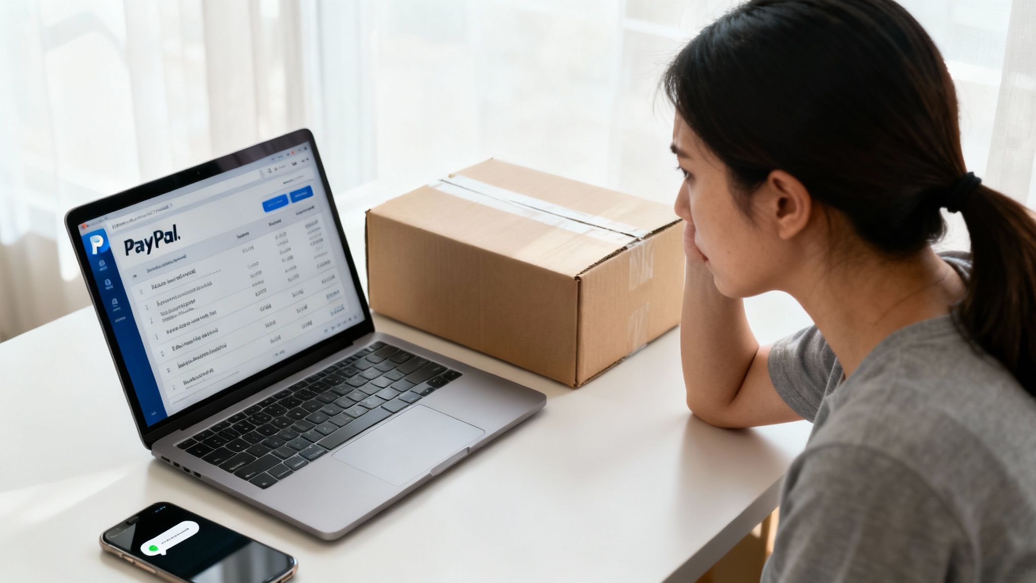 A person looking at a laptop with a concerned expression, representing the stress of a problematic online transaction.