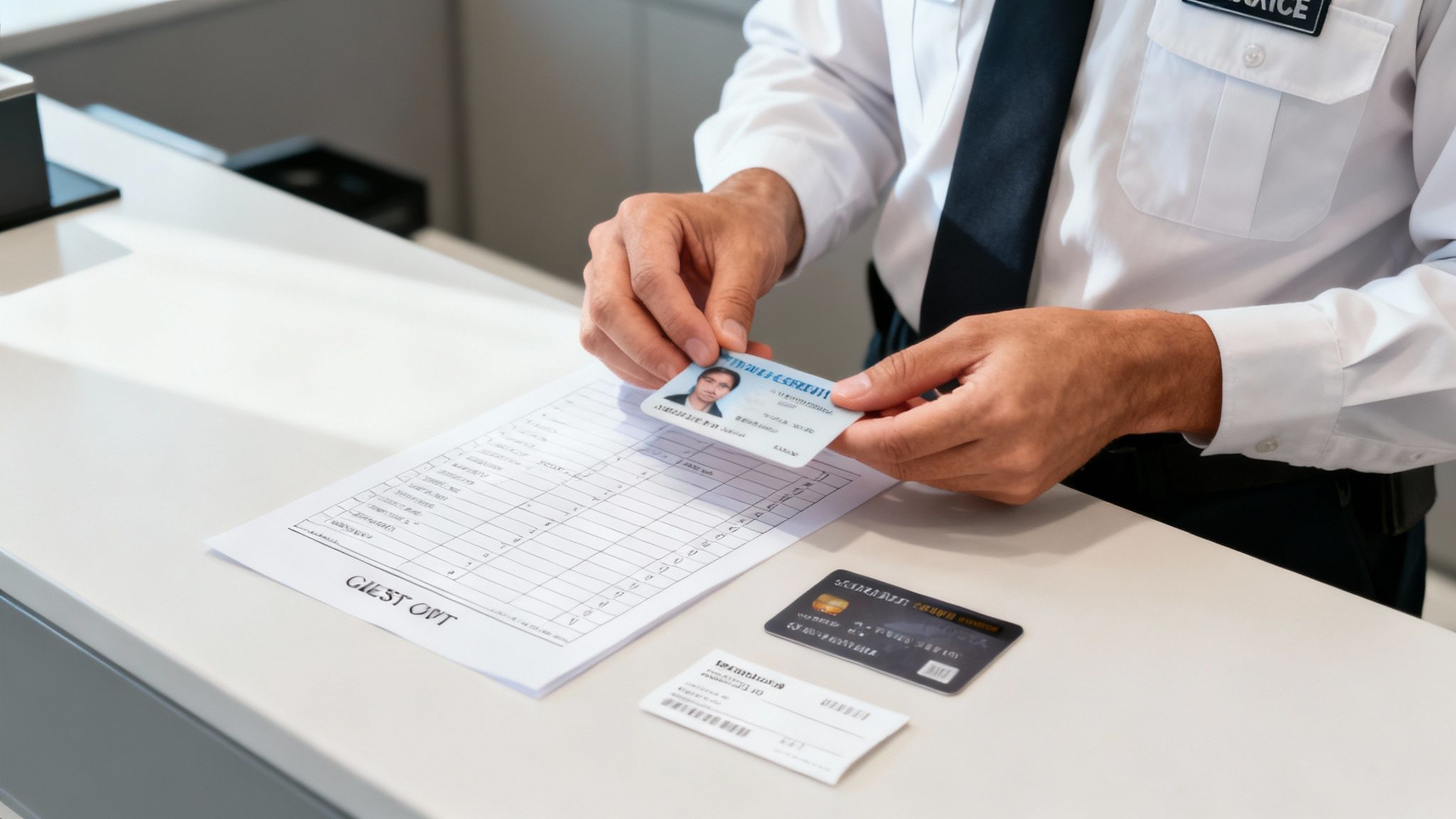 Hotel receptionist checking guest identification card at front desk during check-in process
