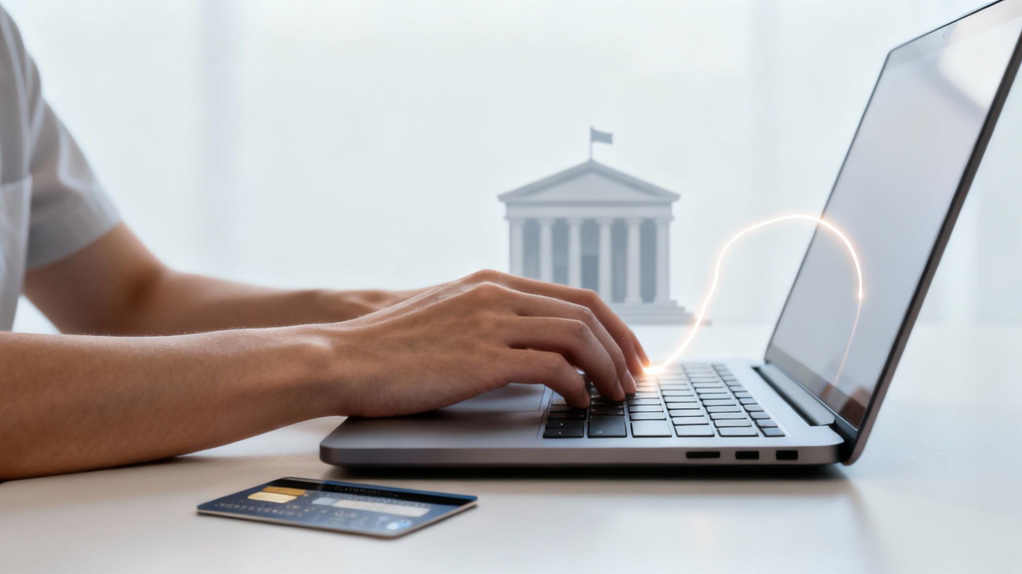 Person typing on laptop with credit card nearby accessing online banking or government services