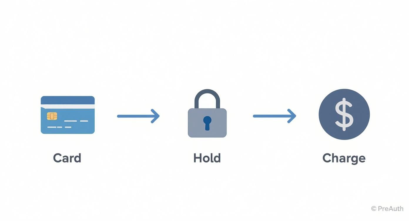 Credit card payment authorization process flow diagram showing card hold before final charge