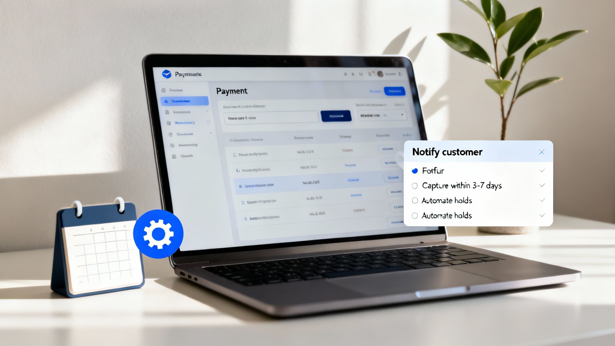 Payment management software displaying customer notification settings for card authorization and capture options on laptop screen