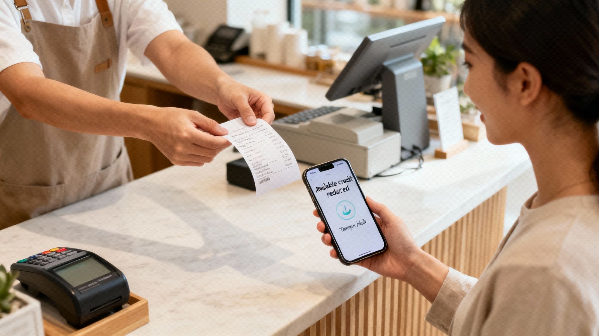 Customer using smartphone to complete mobile payment transaction at retail store checkout counter