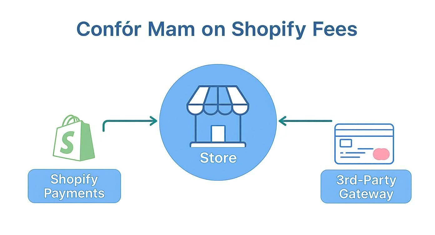 Diagram showing Shopify Payments and third-party gateway payment processing flow to online store
