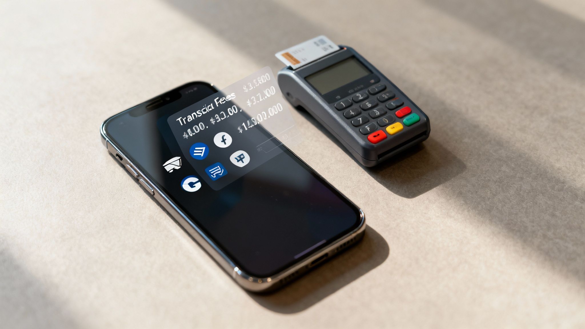 Smartphone displaying transaction fees next to credit card payment terminal on desk