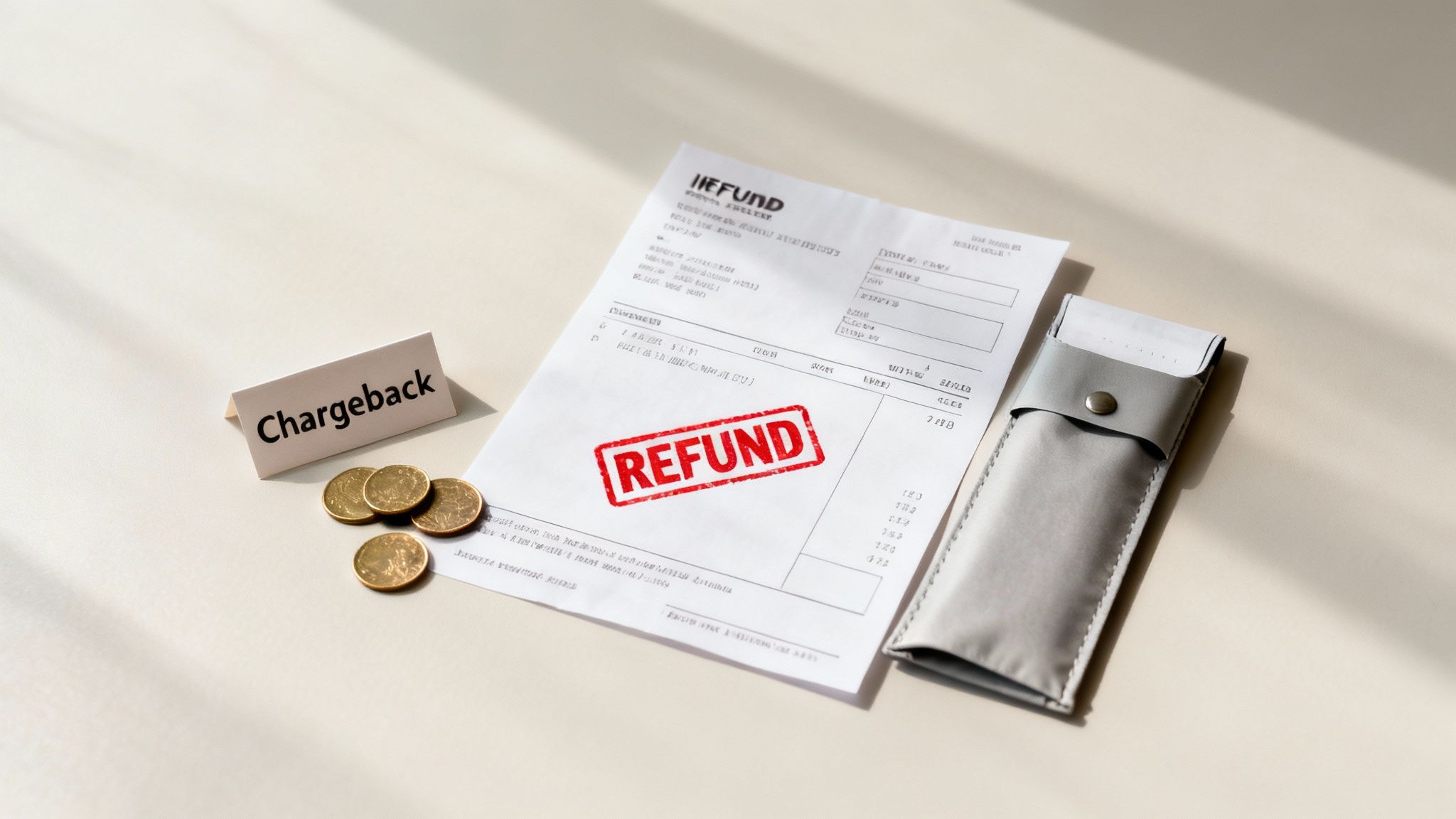 Refund document with chargeback card, coins, and wallet showing payment processing returns