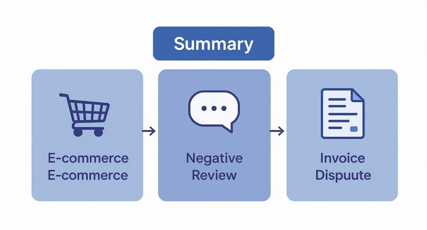 E-commerce flowchart showing process from negative review to invoice dispute resolution