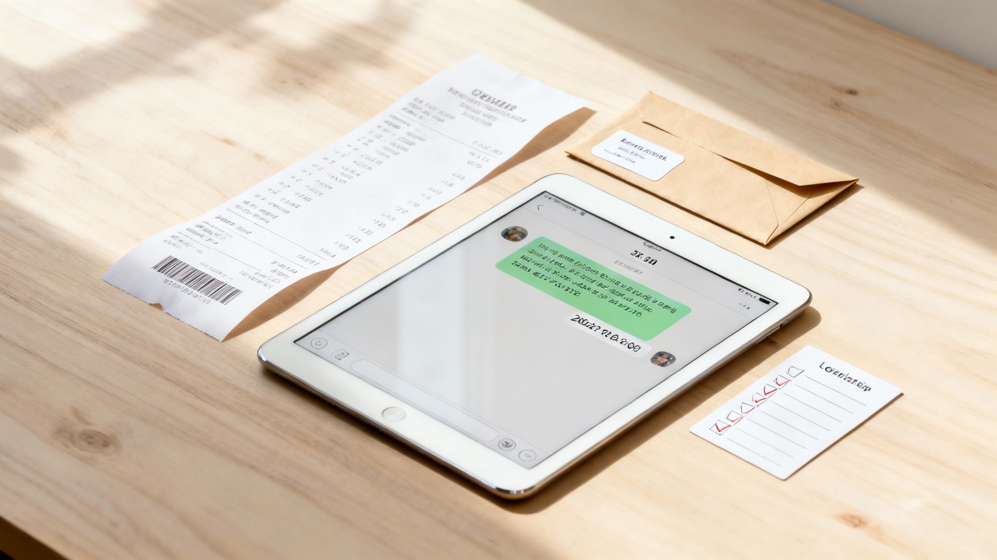 White tablet displaying text messages beside receipt, envelope, and handwritten notes on wooden desk