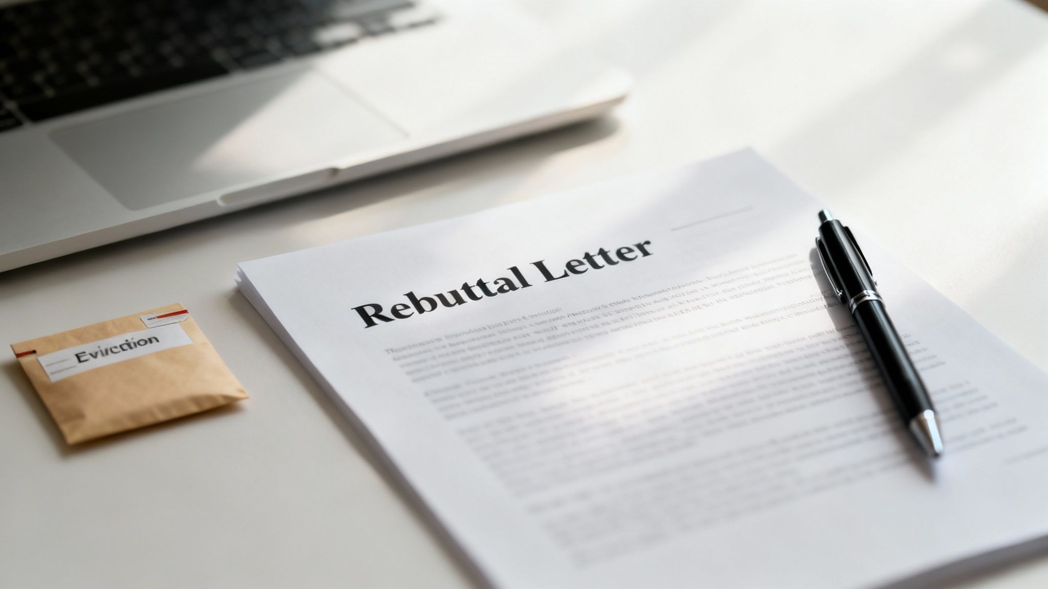 Rebuttal letter document with pen and eviction notice on desk near laptop computer
