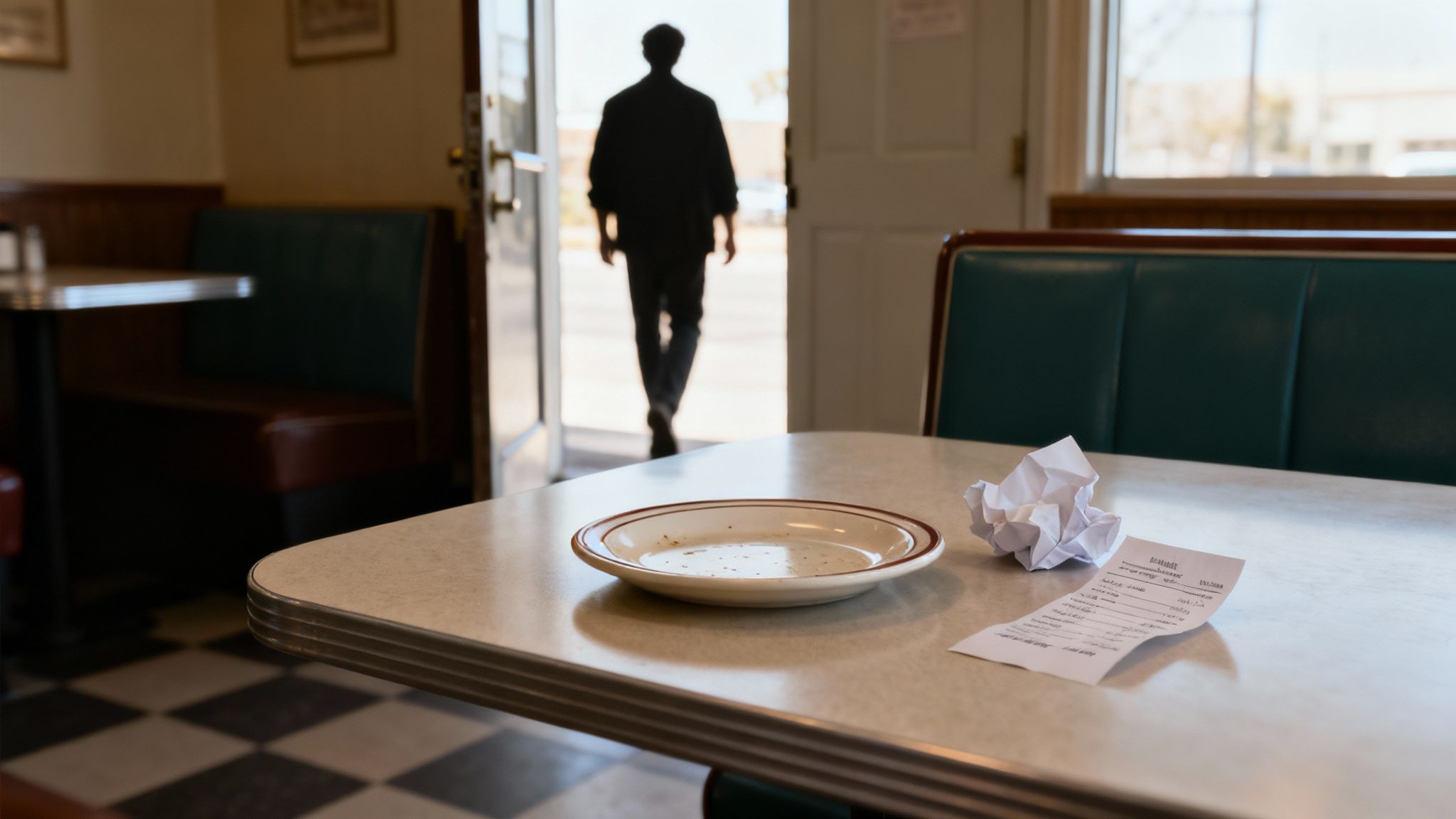A diner table with an empty plate, crumpled receipt, and a person exiting, suggesting a finished meal.