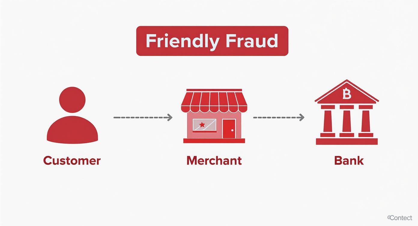 Infographic illustrating the friendly fraud process involving a customer, a merchant, and a bank.
