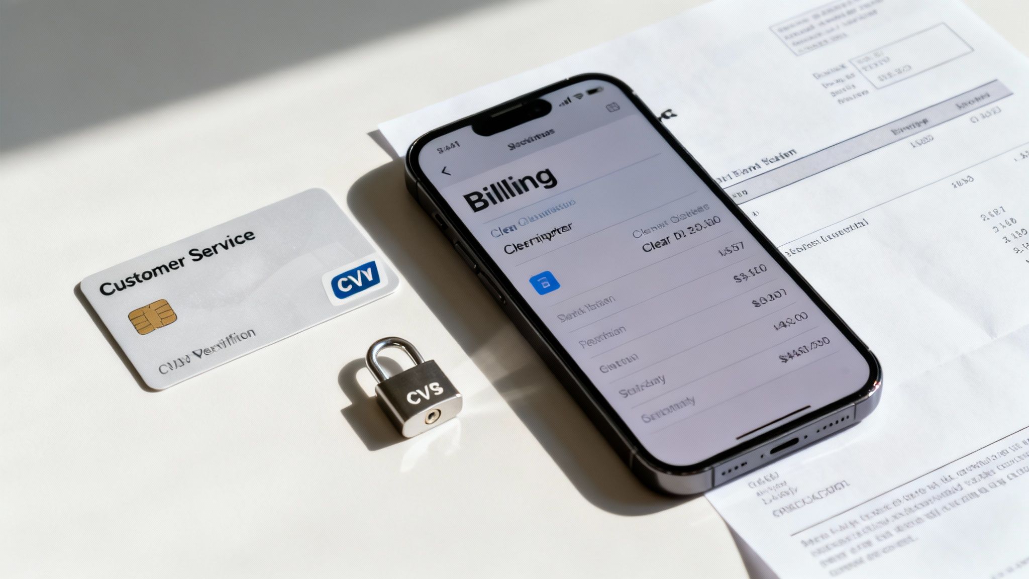 A smartphone displaying a billing app, a customer service credit card, a padlock, and a paper bill, representing financial security.