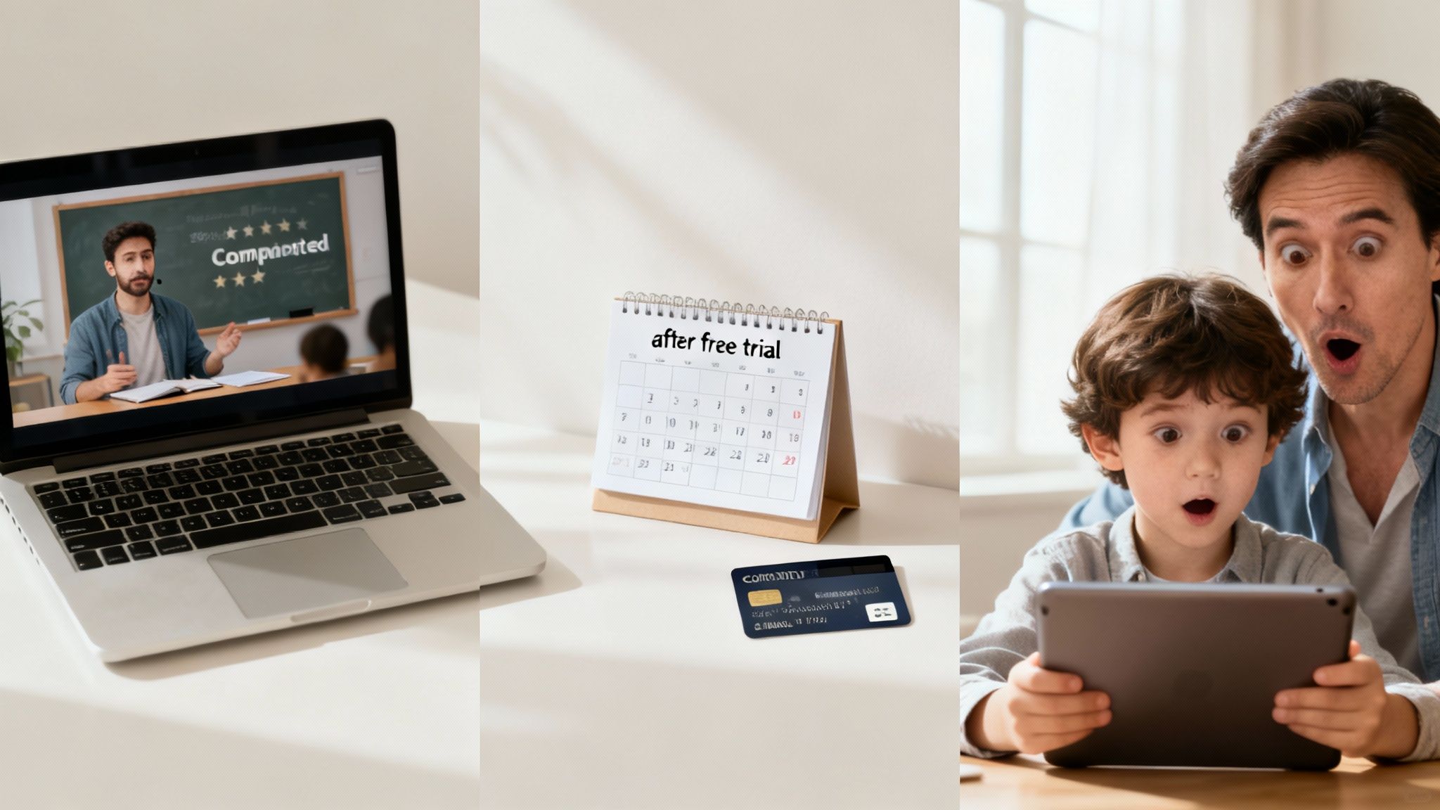 Online class, calendar with 'after free trial' and credit card, and surprised father and son.