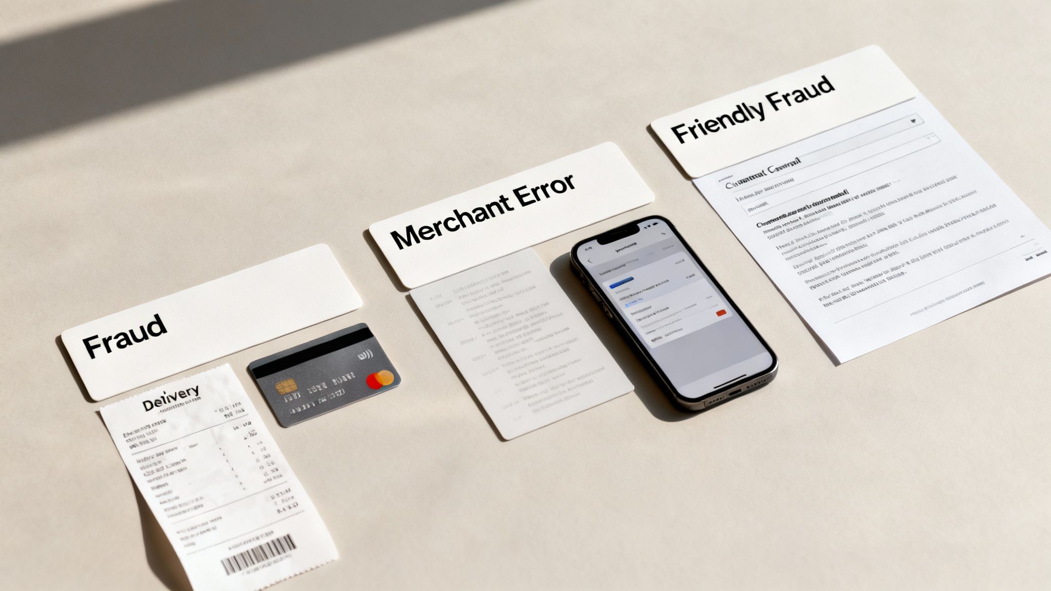 An overhead view of items related to credit card disputes: a card, receipt, phone, and labels for fraud and merchant error.