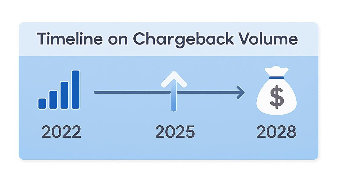 Timeline illustrating rising chargeback volume from 2022 to 2028, showing financial impact.