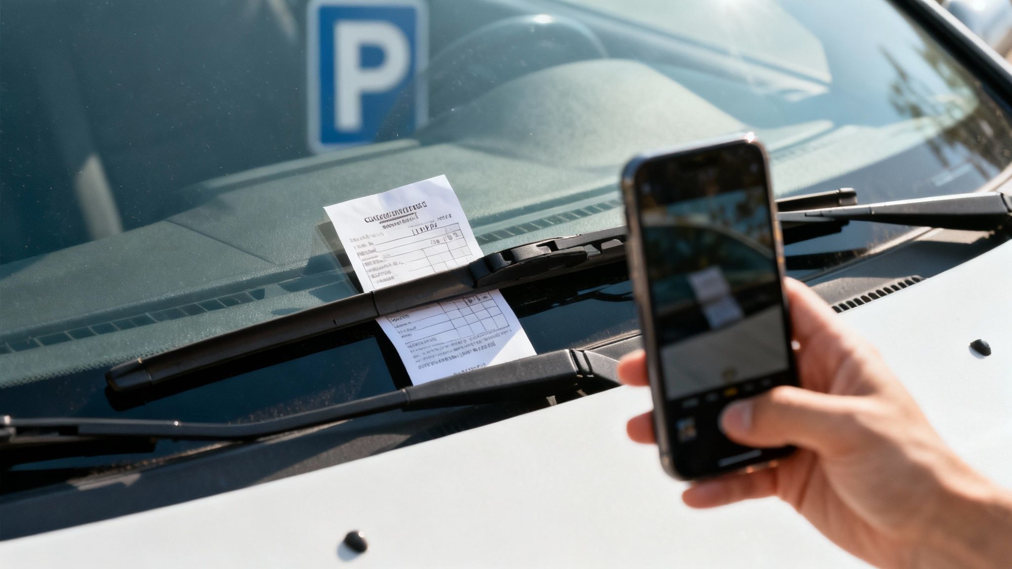 Close-up of a hand taking a photo of a parking ticket on a car's windshield.