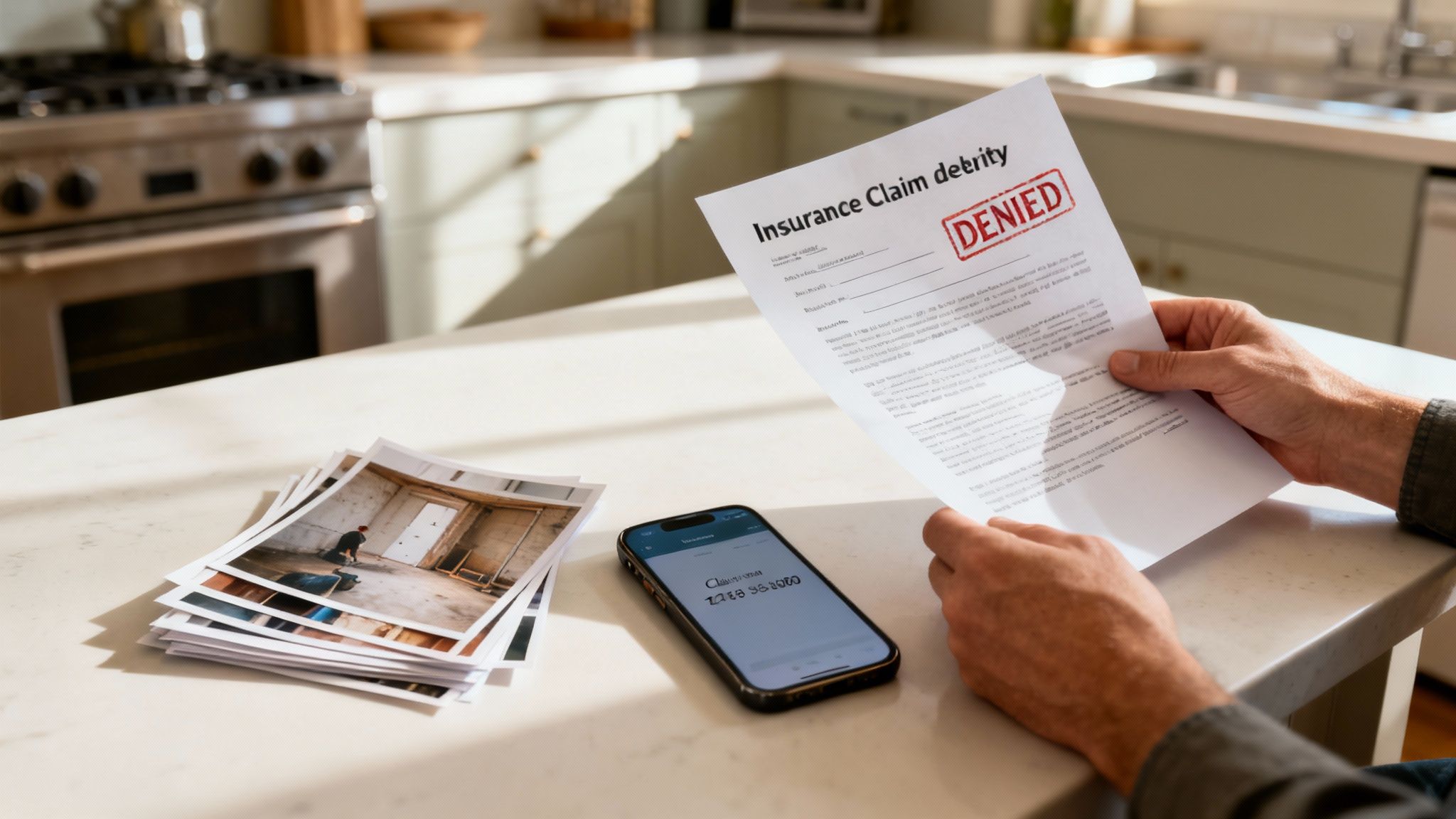 A person holds a denied insurance claim form with home damage photos and a phone on a kitchen counter.
