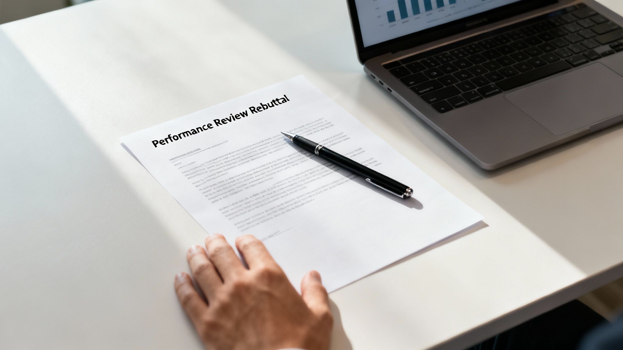A person's hand near a 'Performance Review Rebuttal' document, pen, and laptop.
