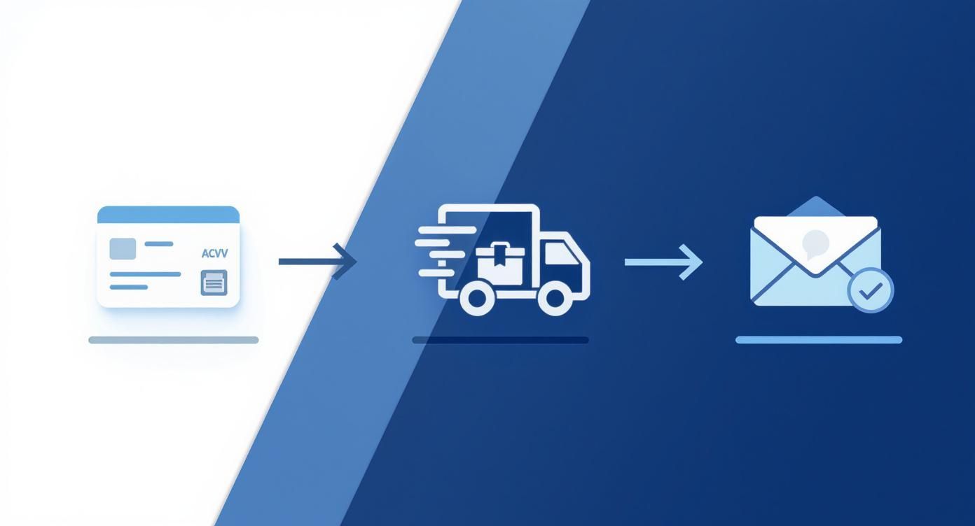 A blue and white illustration depicting a process from an ACVV card through a delivery truck to an email confirmation.