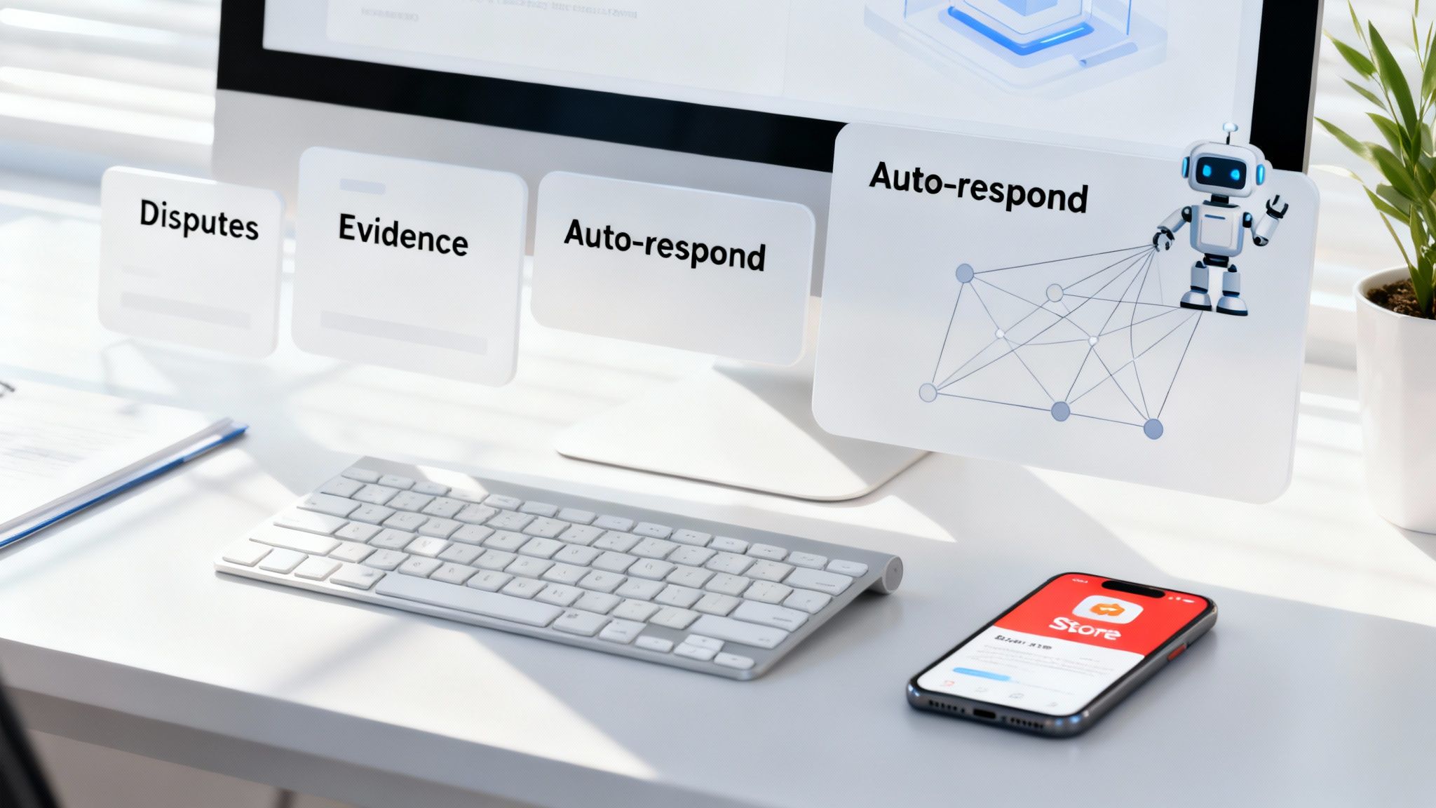 Modern office desk with a computer screen displaying AI automation features, a robot, keyboard, and smartphone.