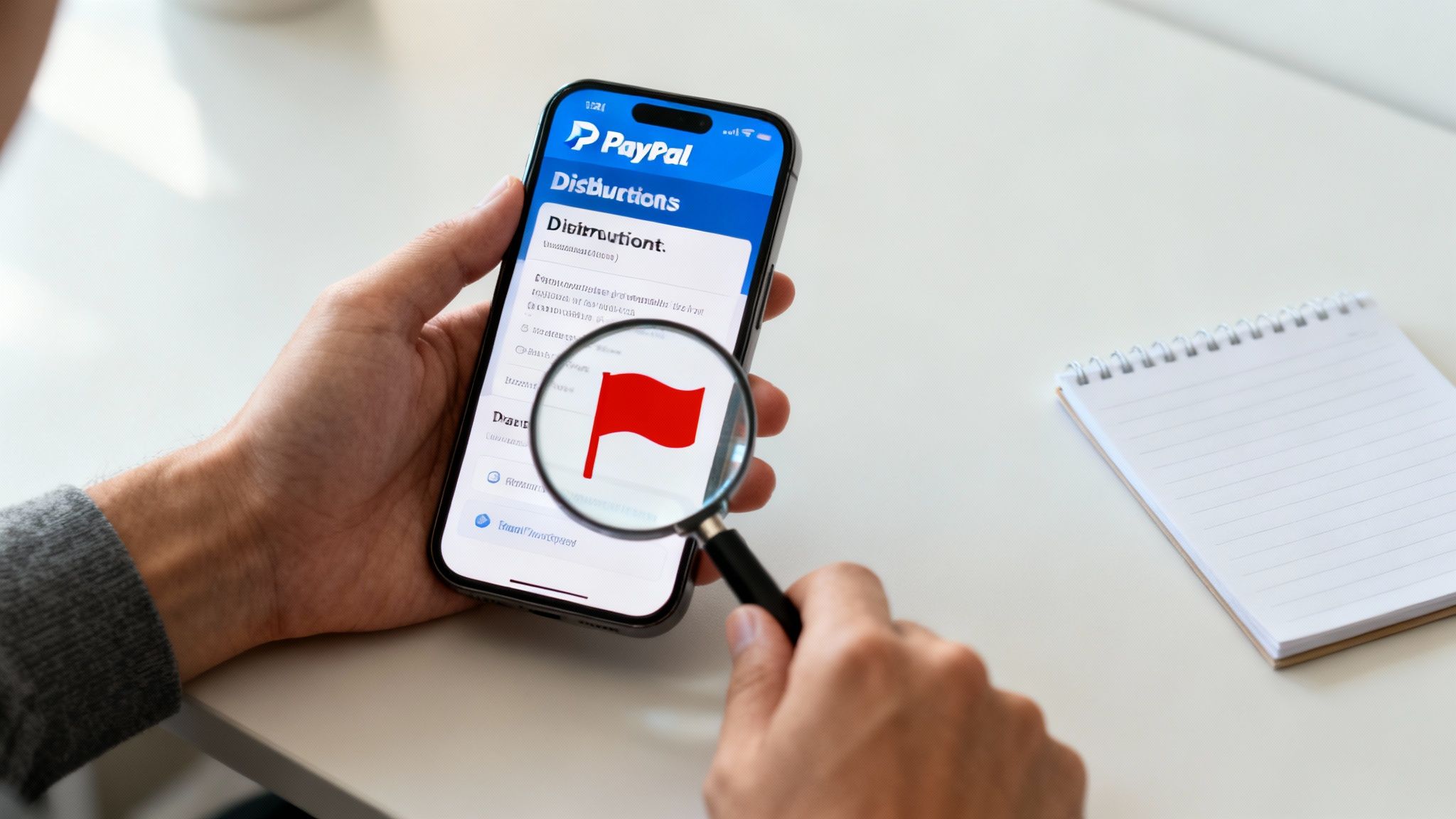A hand holds a smartphone displaying the PayPal app with a red flag icon highlighted by a magnifying glass.